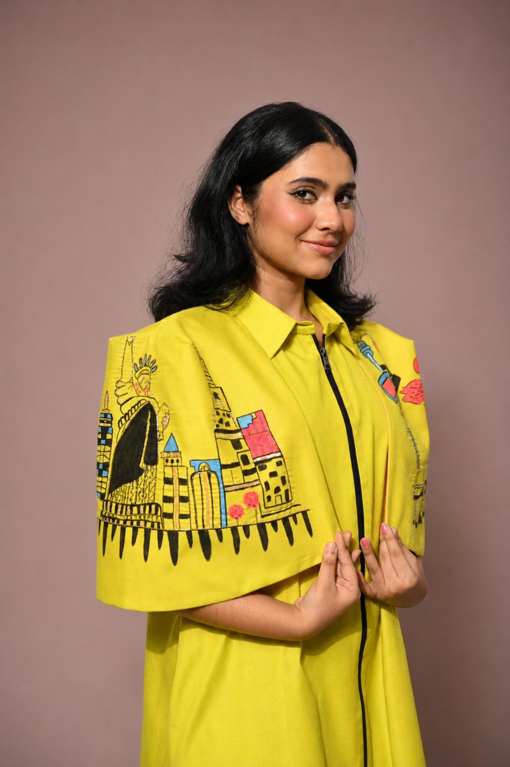Slime Yellow Hand-Painted Cotton Cape Dress for Women thumbnail