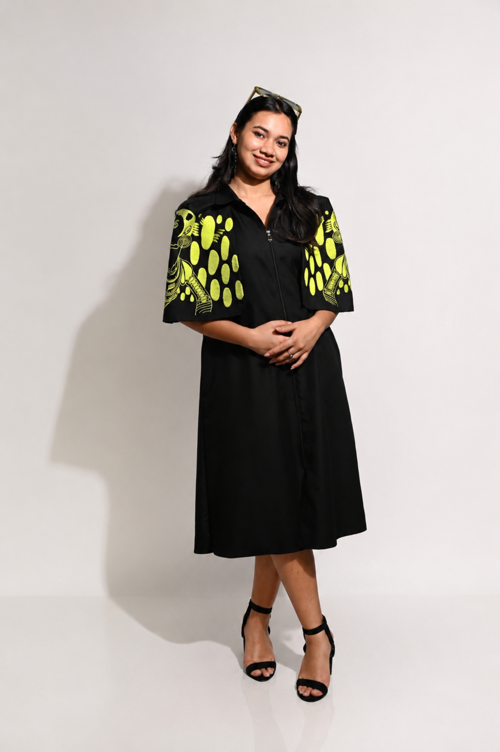 Black & Green Cotton Cape Dress (Machine Embroidered Sleeves)