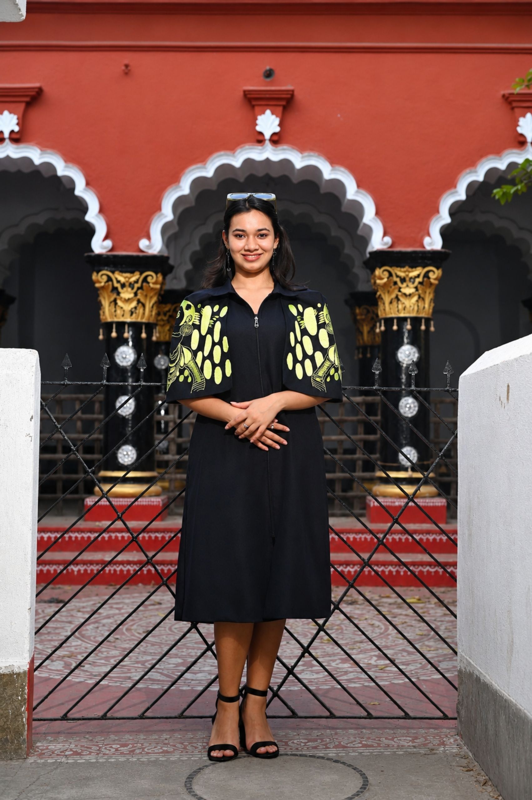 Black & Green Cotton Cape Dress (Machine Embroidered Sleeves) thumbnail