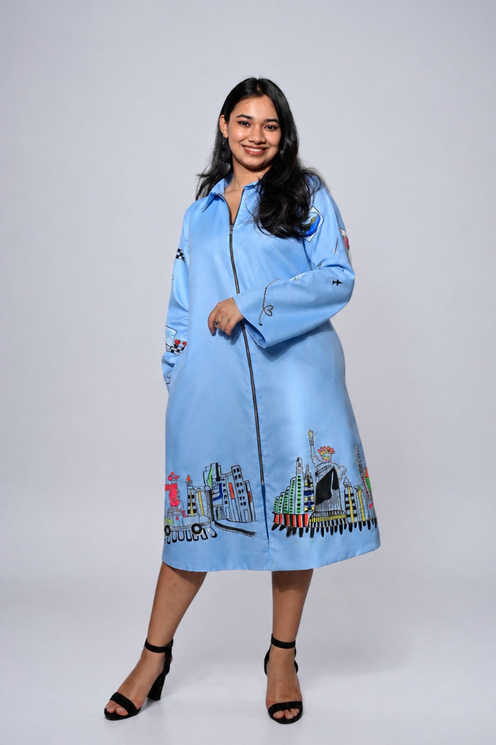 Sky Blue Hand-Painted Embroidered Statement Dress