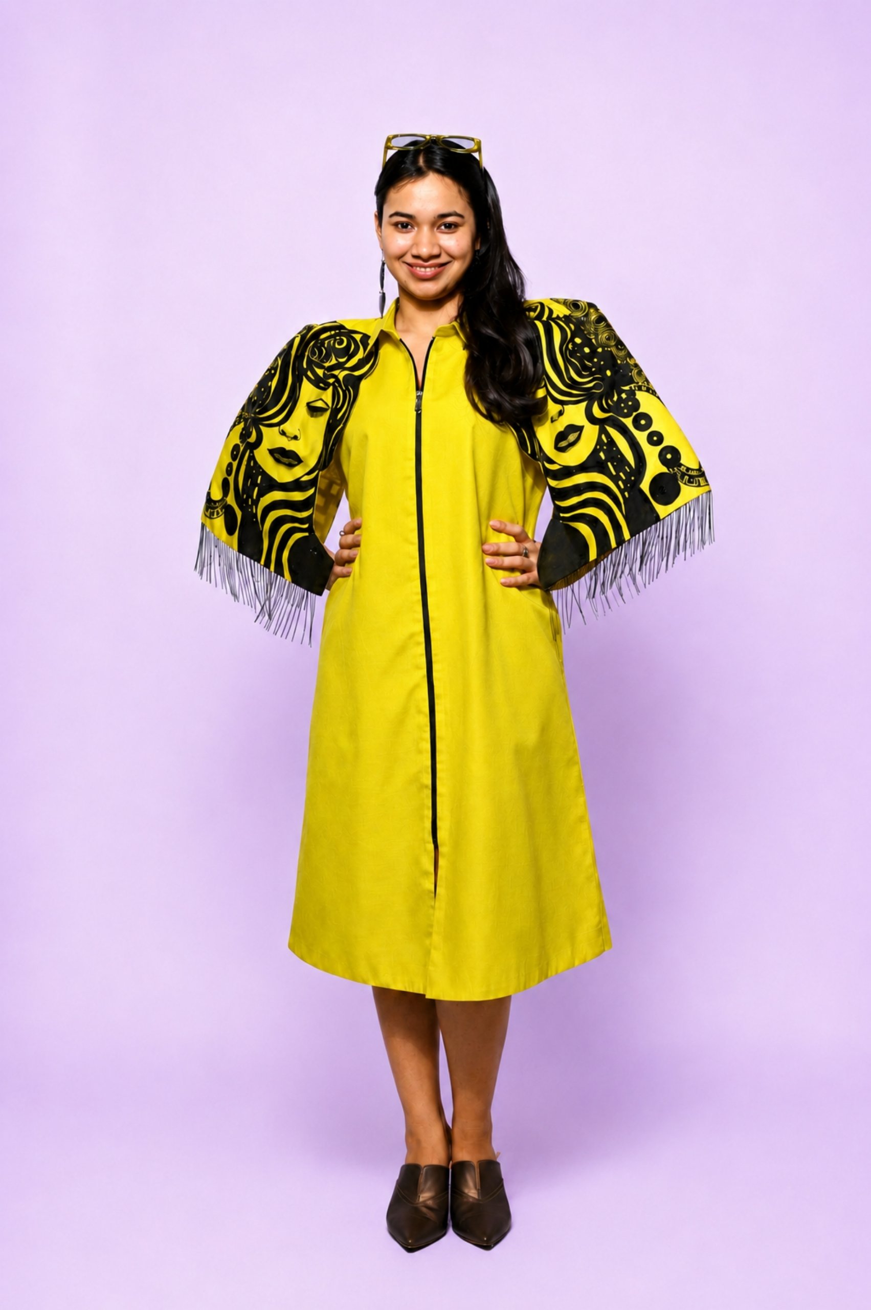 Slime Yellow Hand-Painted/Hand-Embroidery Cape Dress thumbnail