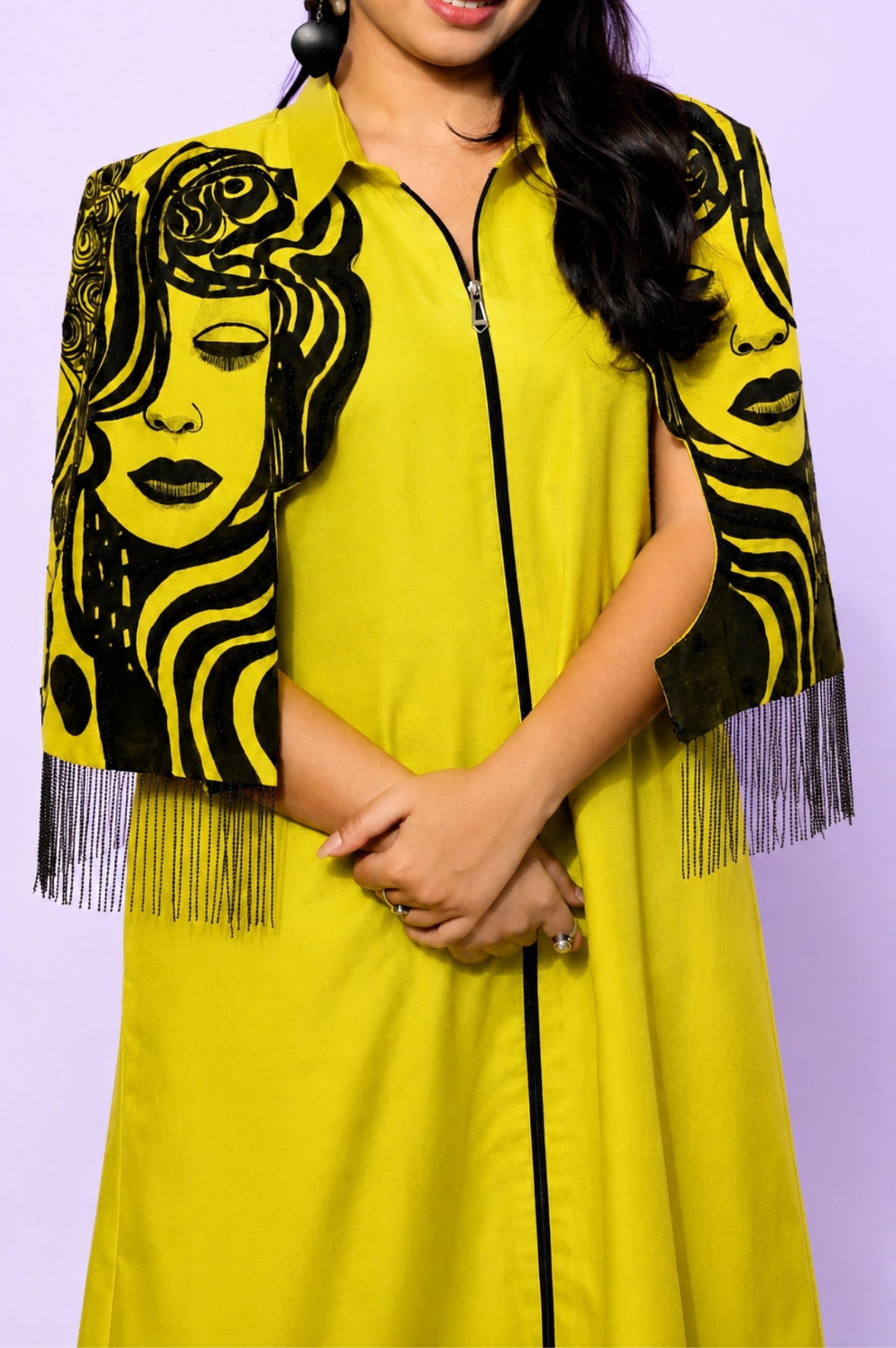 Slime Yellow Hand-Painted/Hand-Embroidery Cape Dress thumbnail
