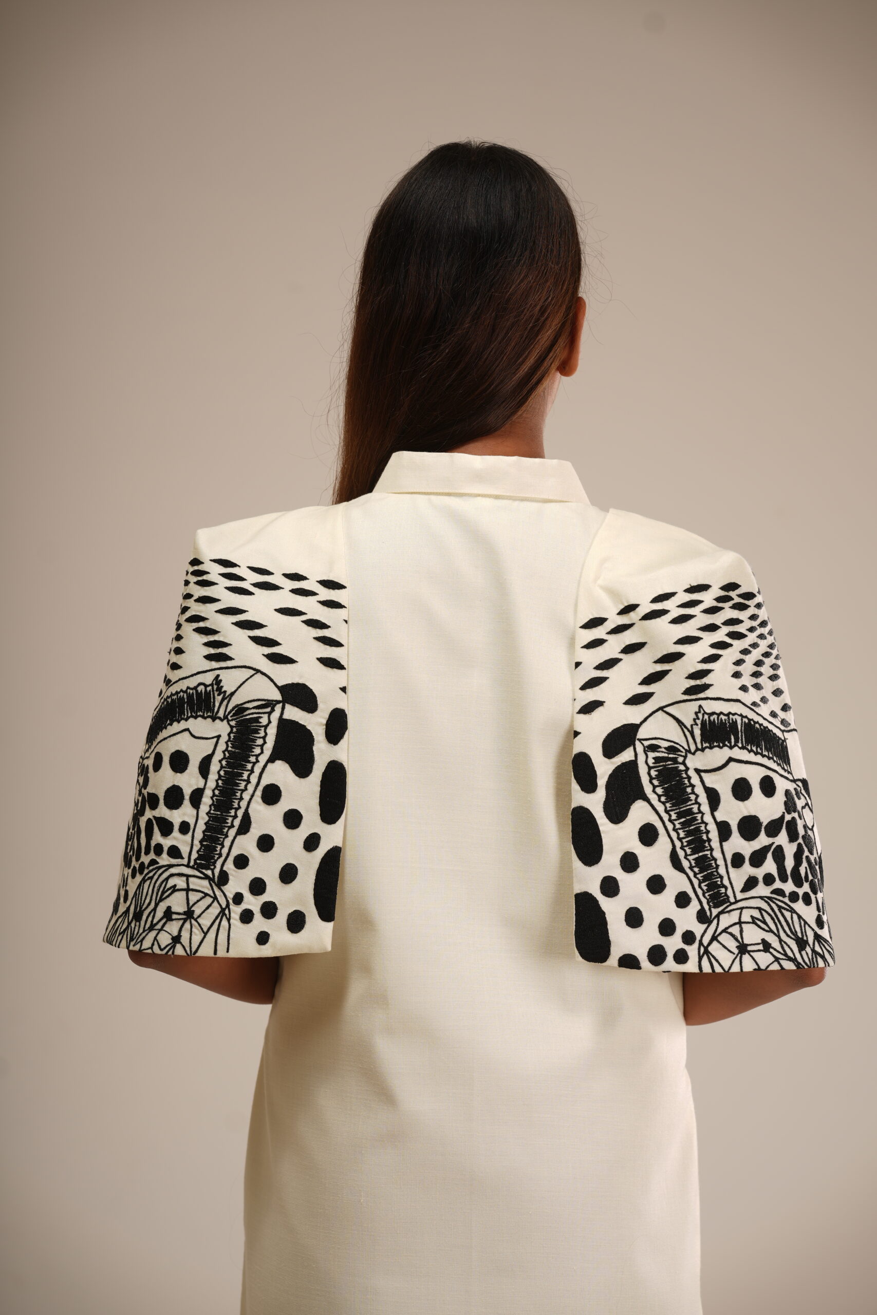 Off-White Cotton Cape Dress (Machine-Embroidered Sleeves) alternate view