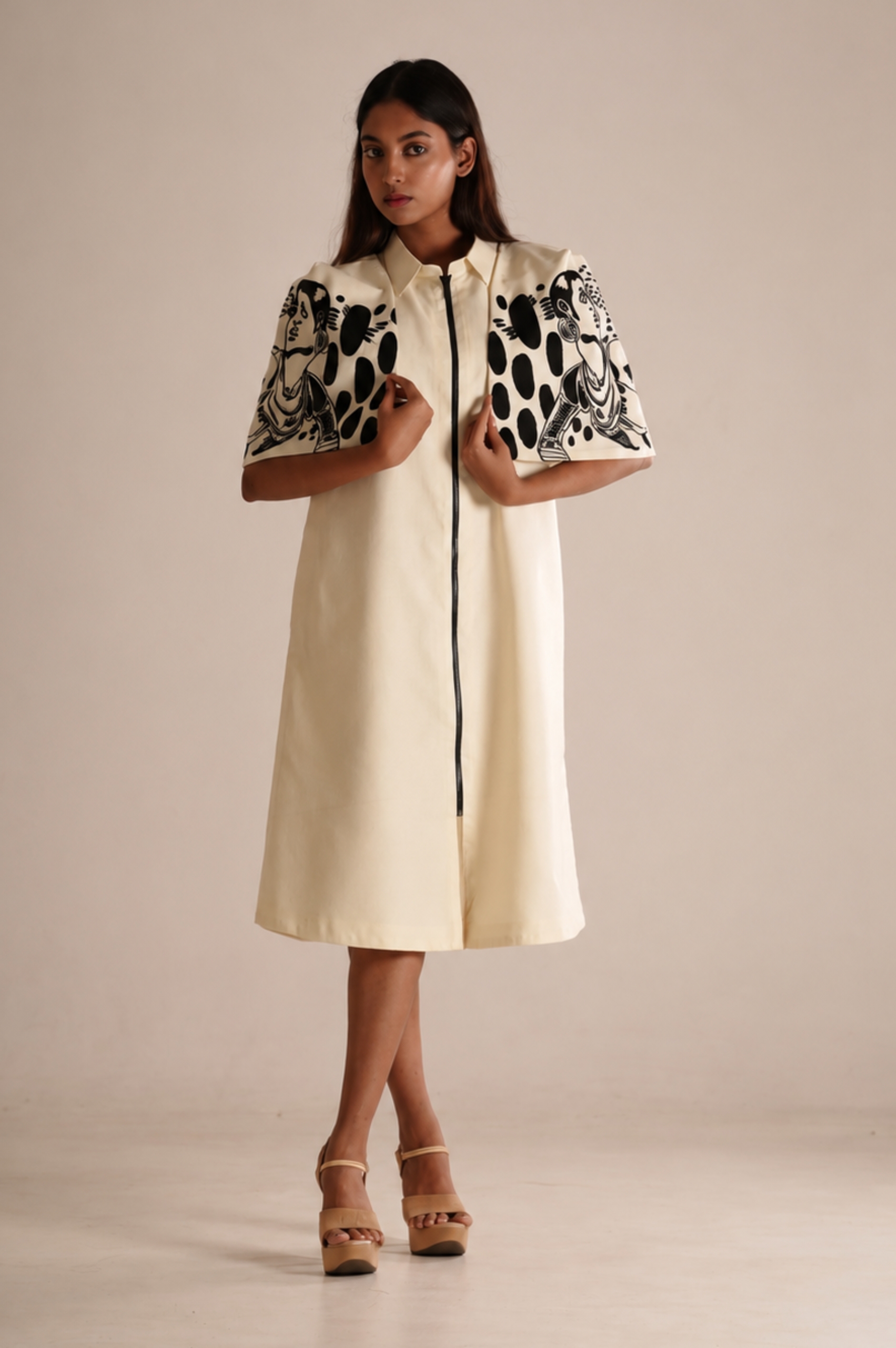 Off-White Cotton Cape Dress (Machine-Embroidered Sleeves)