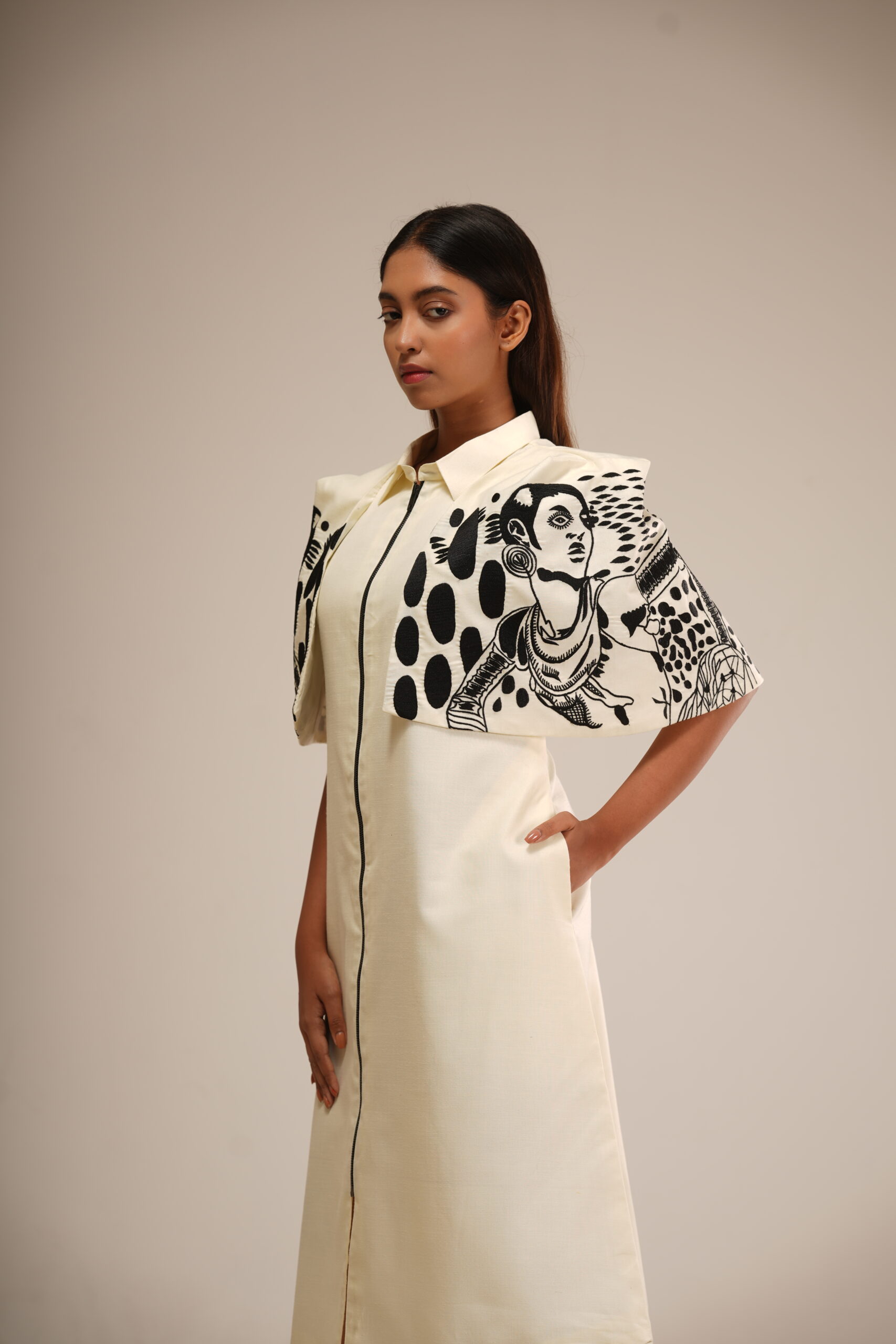 Off-White Cotton Cape Dress (Machine-Embroidered Sleeves) thumbnail