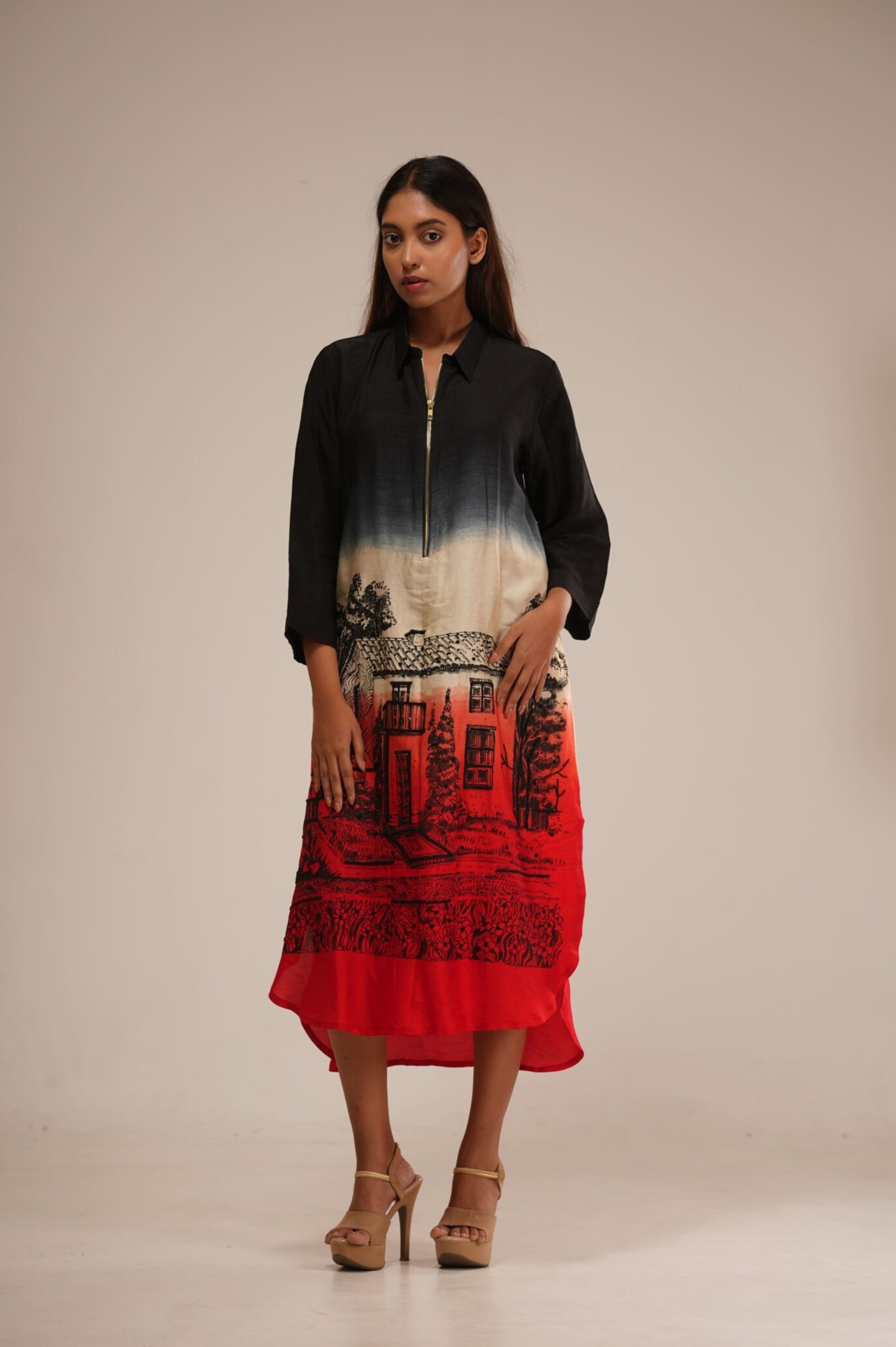 Black & Brick Red Ombre Dress (Hand-Painted Art & Hand Embroidery) thumbnail