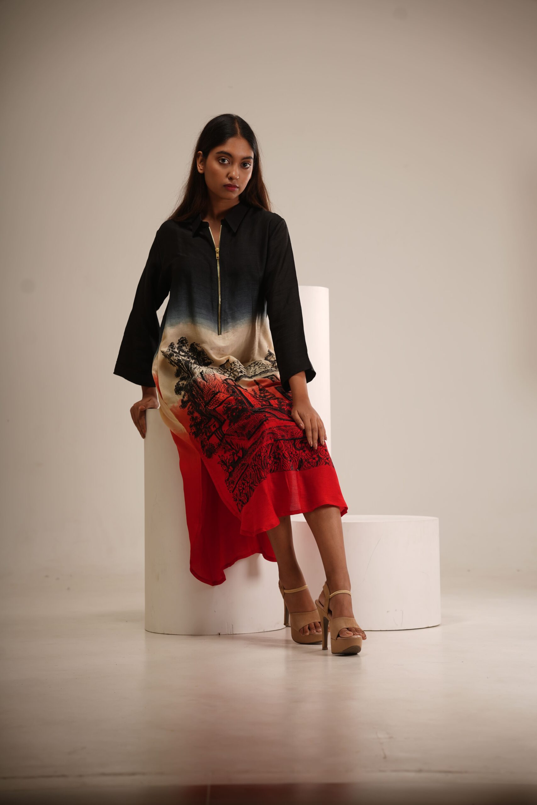 Black & Brick Red Ombre Dress (Hand-Painted Art & Hand Embroidery) thumbnail