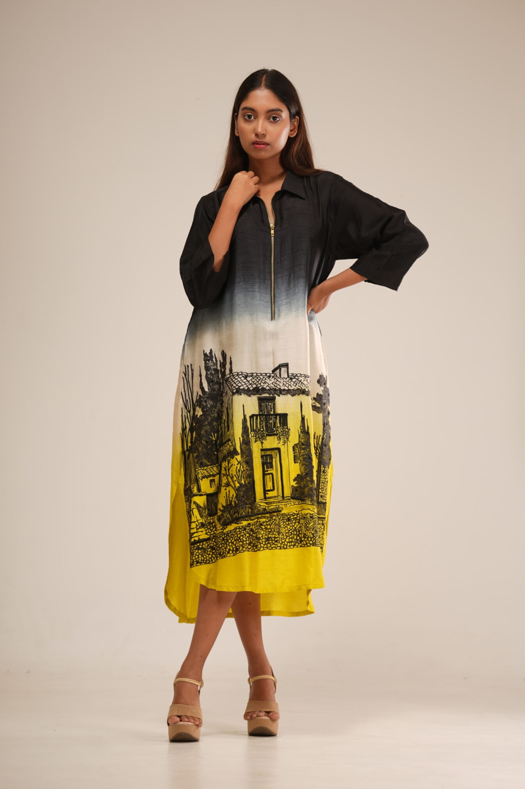 Black & Yellow Ombre Dress (Hand-Painted Art & Hand Embroidery)