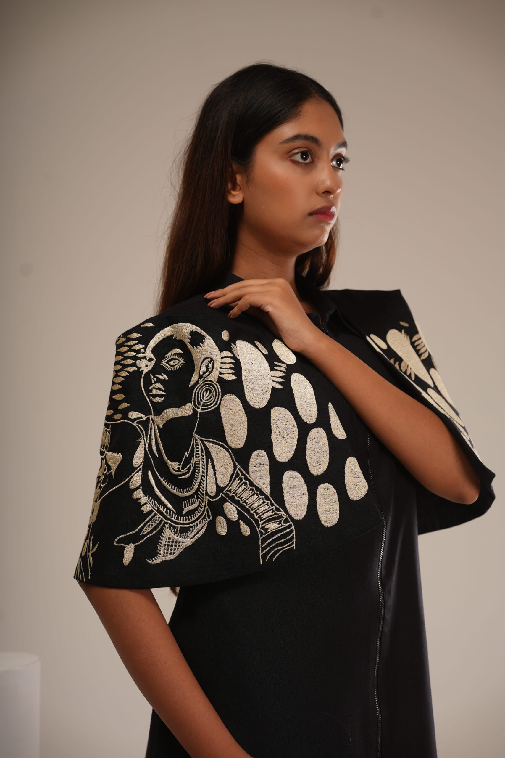 Black & Beige Cotton Cape Dress (Machine Embroidered Sleeves) thumbnail