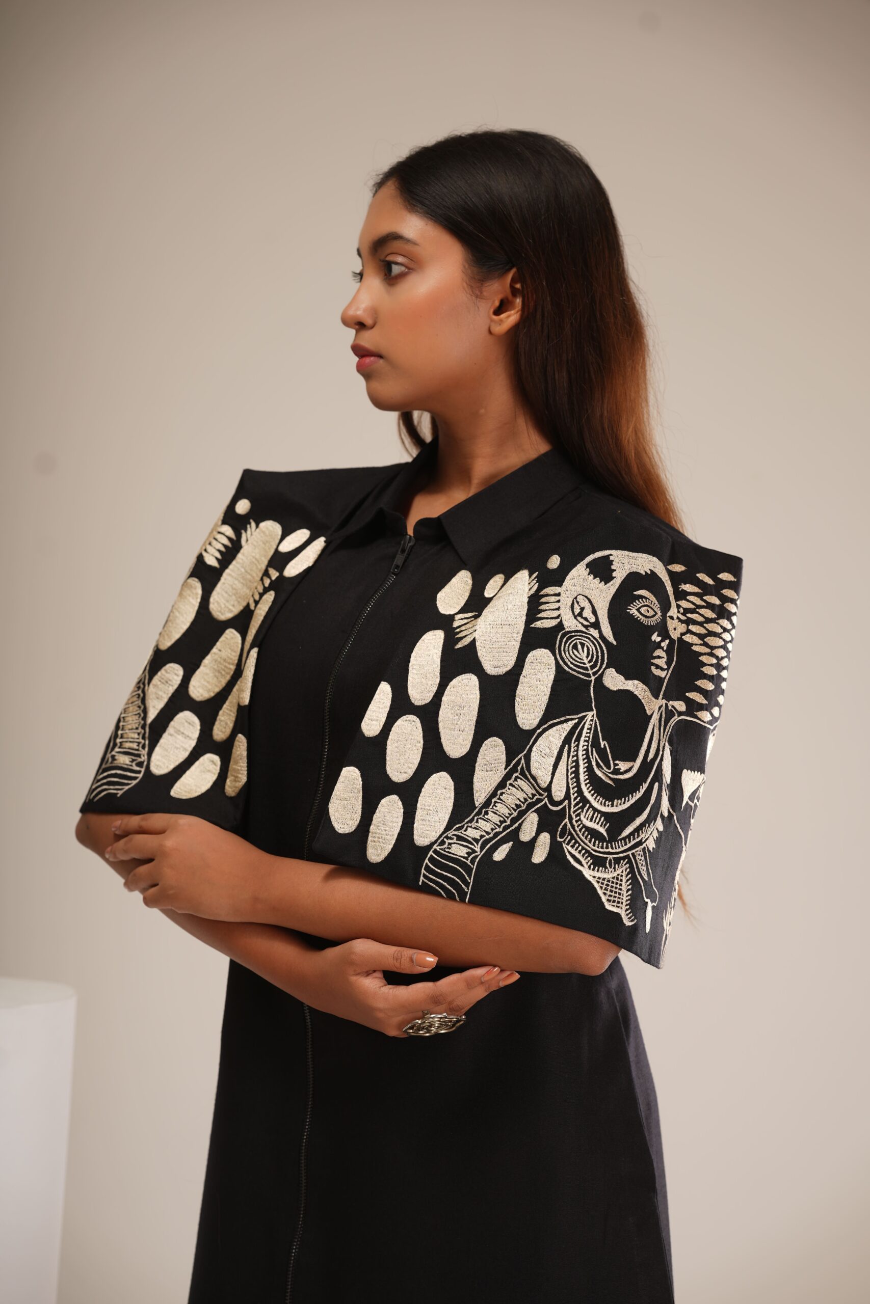 Black & Beige Cotton Cape Dress (Machine Embroidered Sleeves) thumbnail