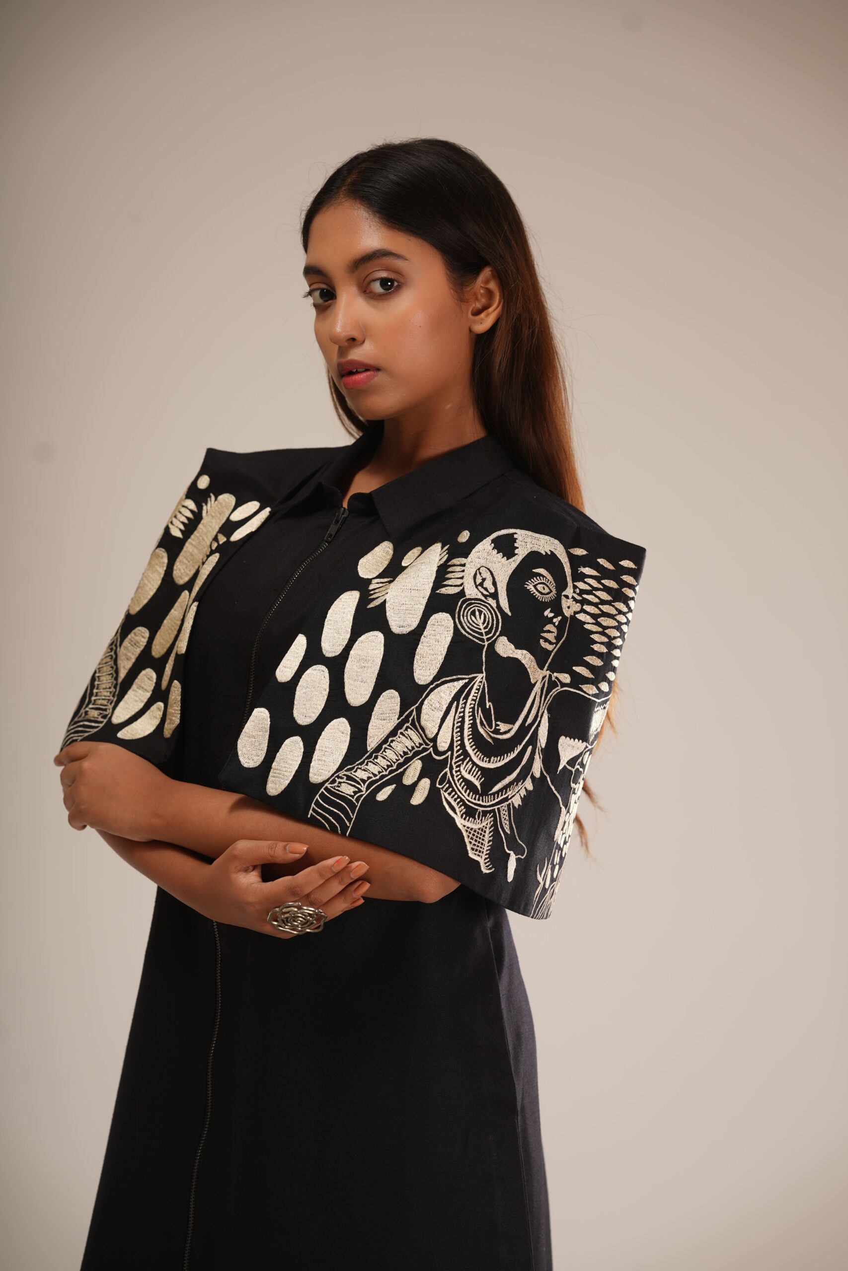 Black & Beige Cotton Cape Dress (Machine Embroidered Sleeves) thumbnail