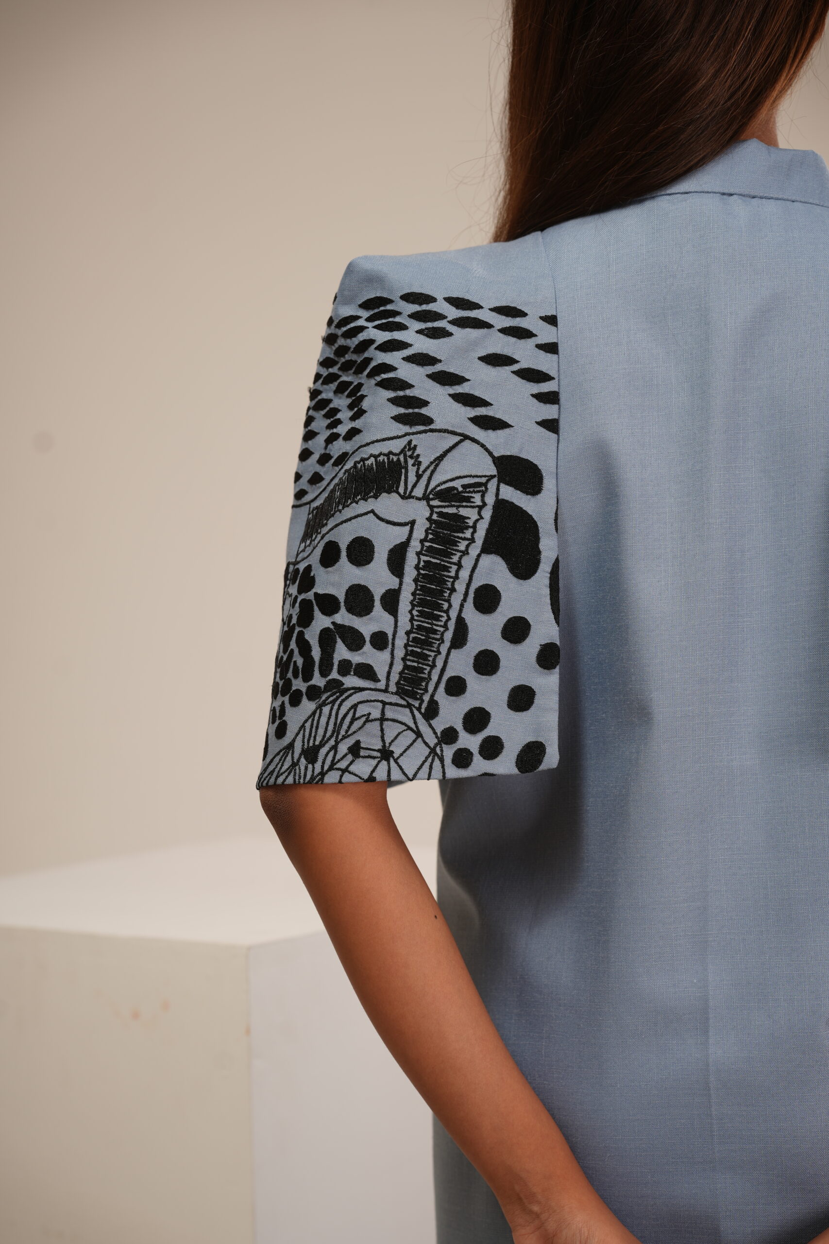 Grey Cotton Cape Dress (Machine Embroidered Sleeves) thumbnail