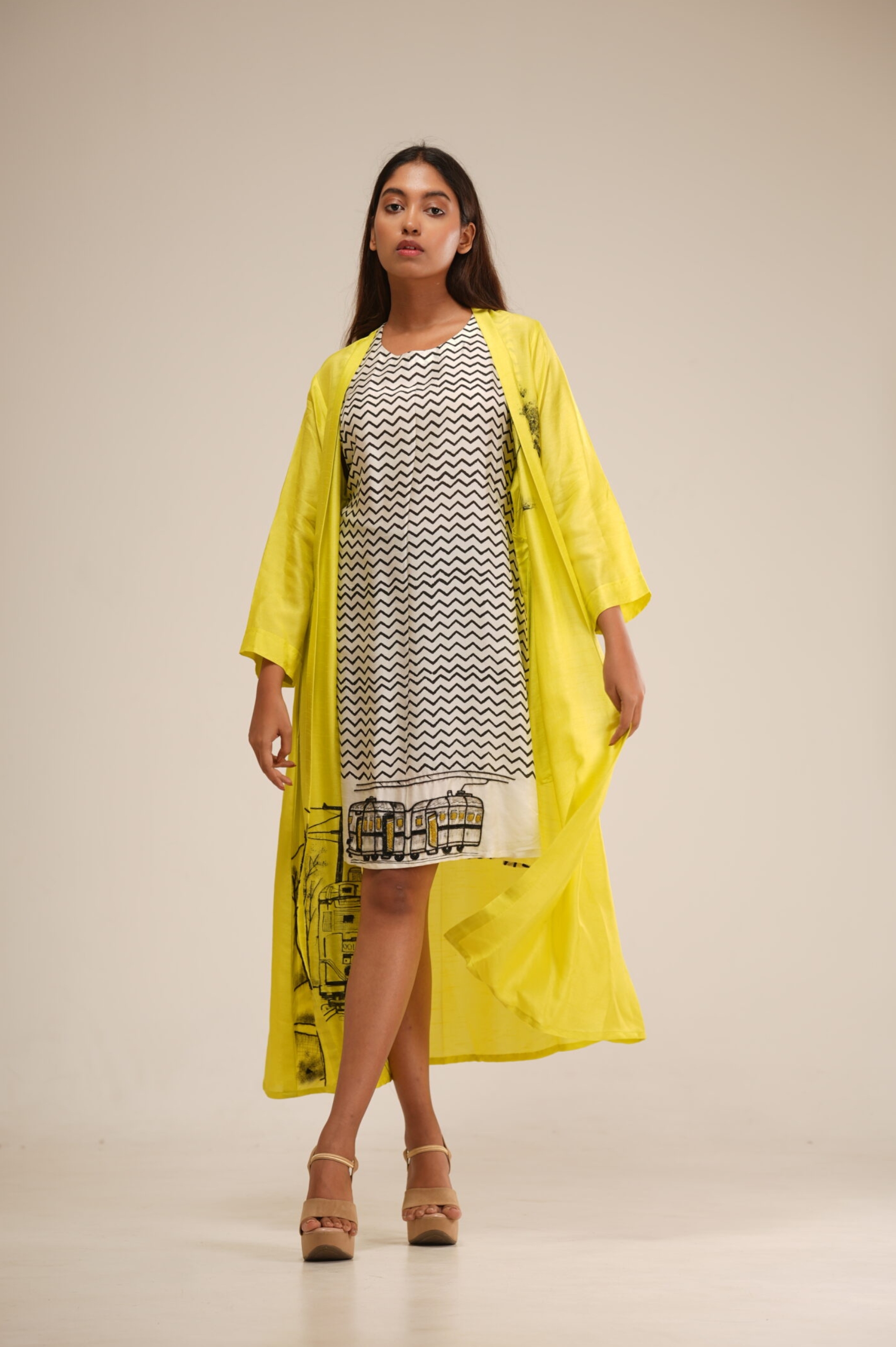 Slime Yellow Ombre Bemberg Silk Dress (Hand-Painted Art & Hand Embroidery)