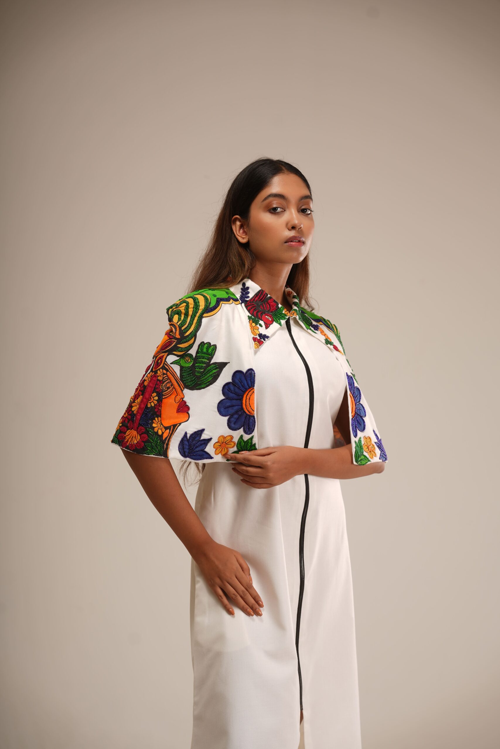 White Cotton Cape Dress (Hand-Painted/Hand-Embroidery) thumbnail