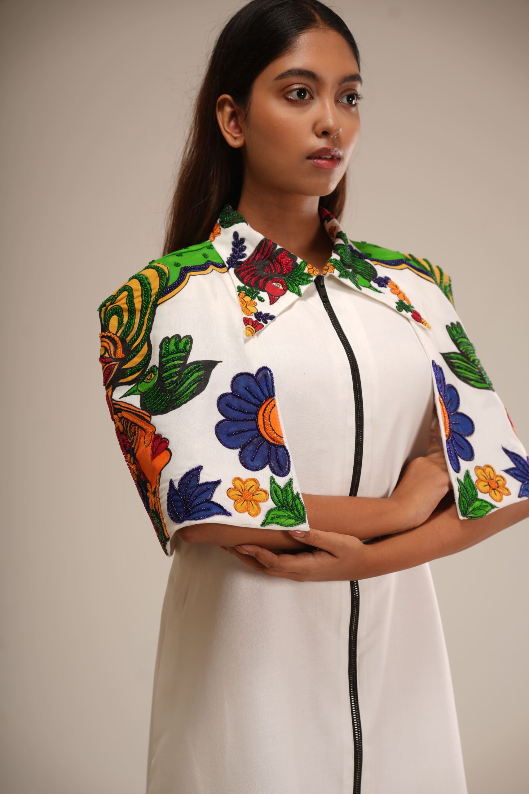 White Cotton Cape Dress (Hand-Painted/Hand-Embroidery) thumbnail