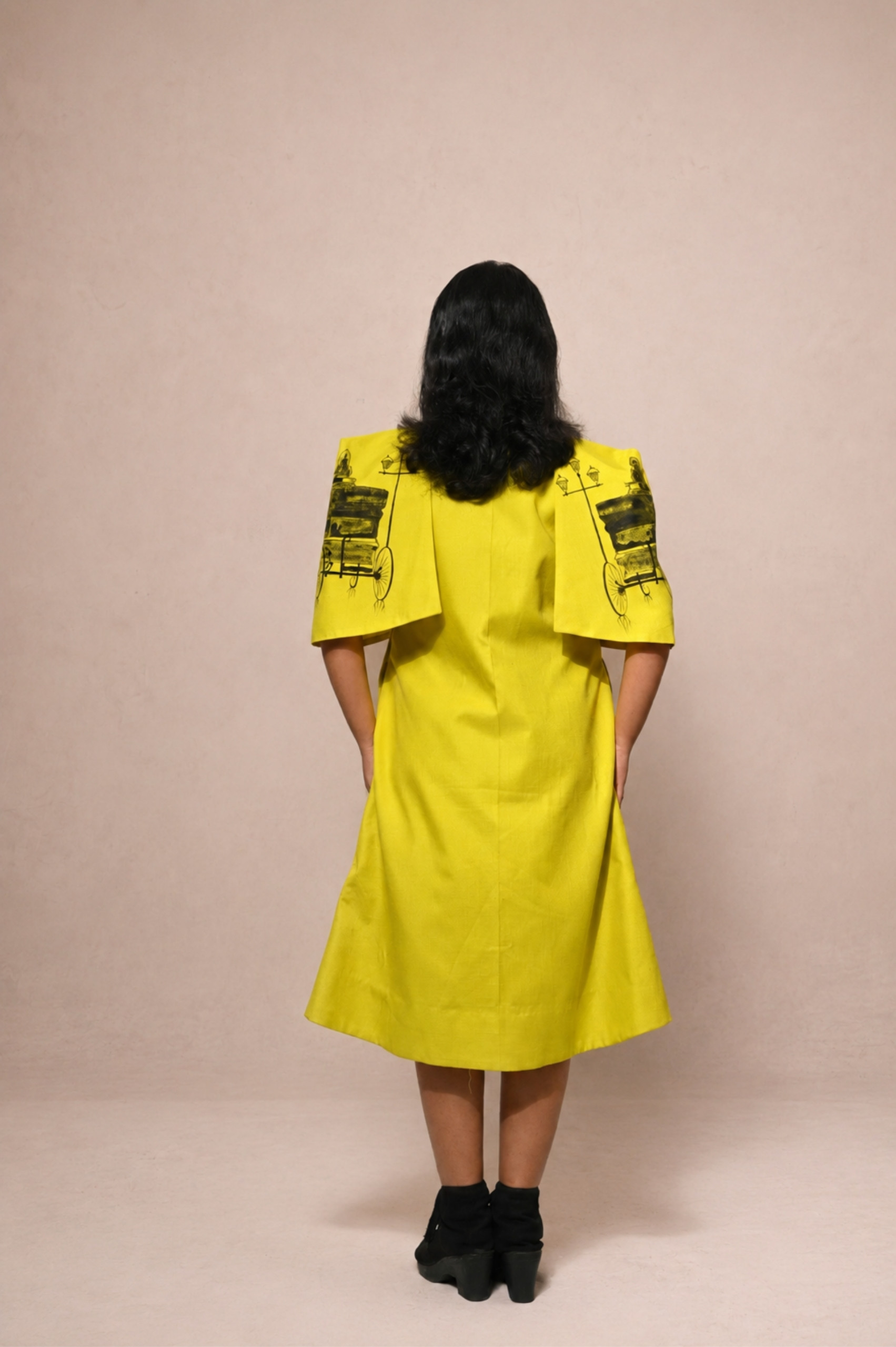 Slime Yellow Cotton Cape Dress with Hand-Painted Artwork thumbnail