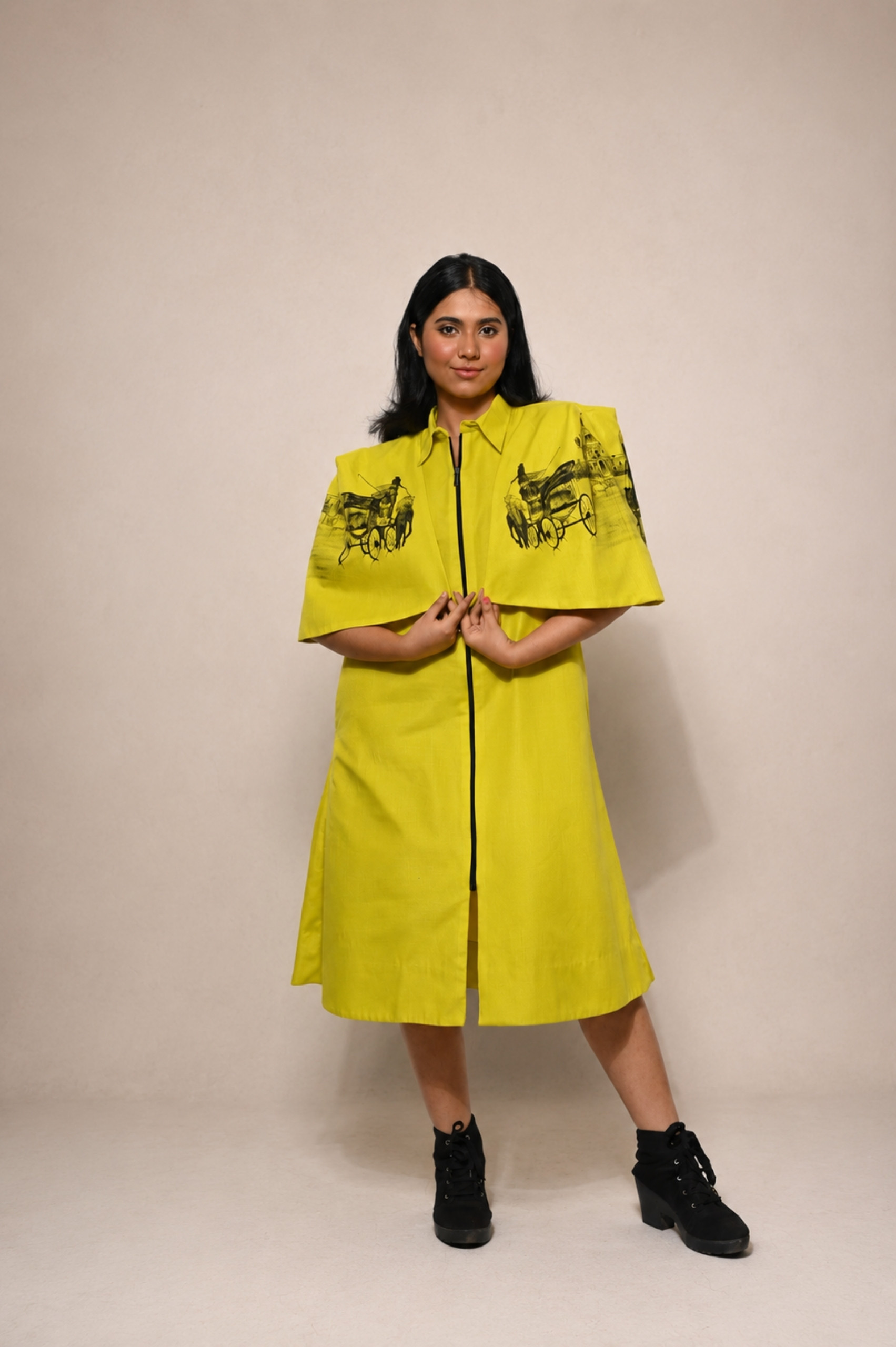 Slime Yellow Cotton Cape Dress with Hand-Painted Artwork thumbnail