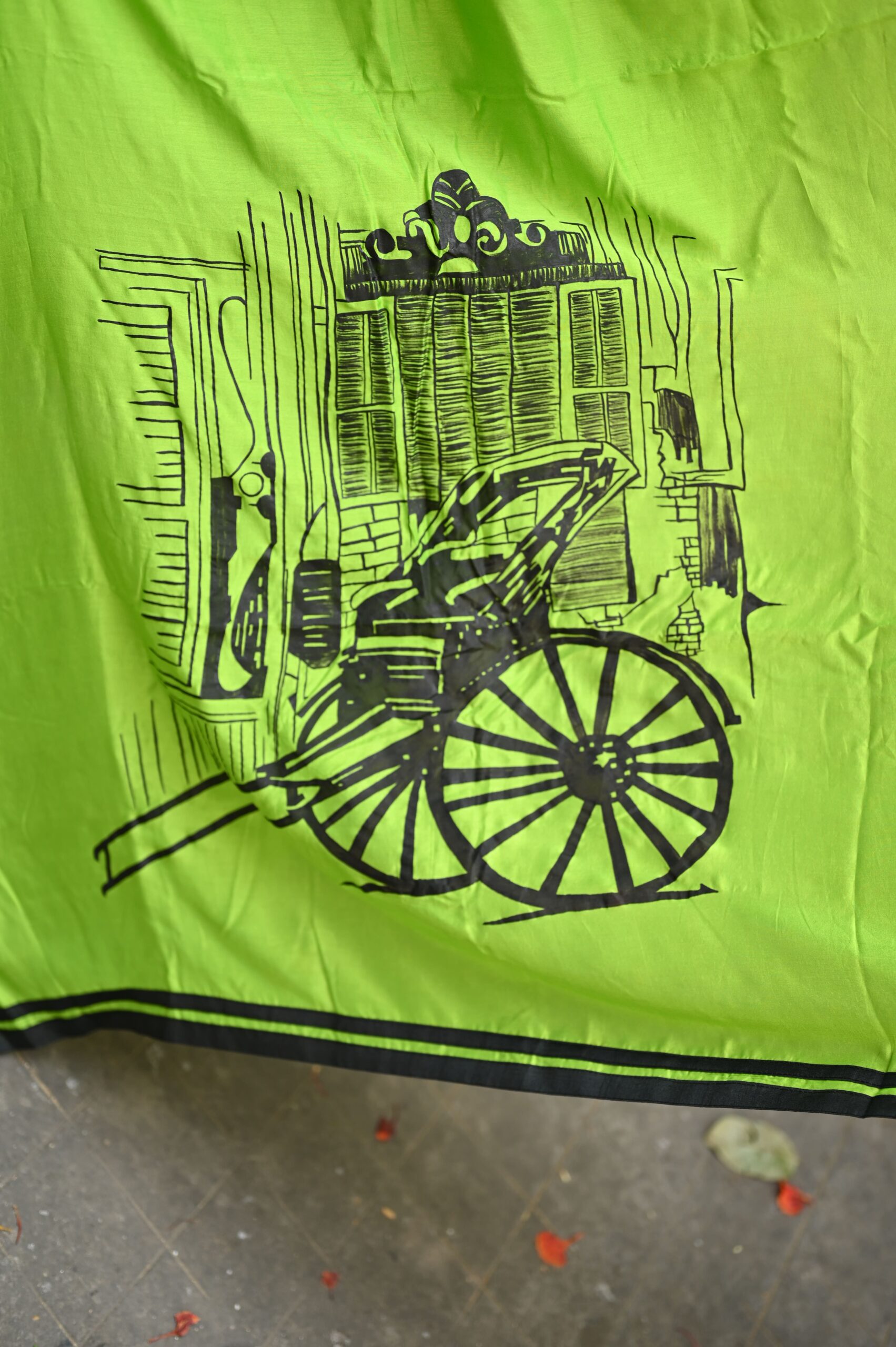 Neon Green Muslin Silk Saree (Hand-Painted Kolkata Art) thumbnail