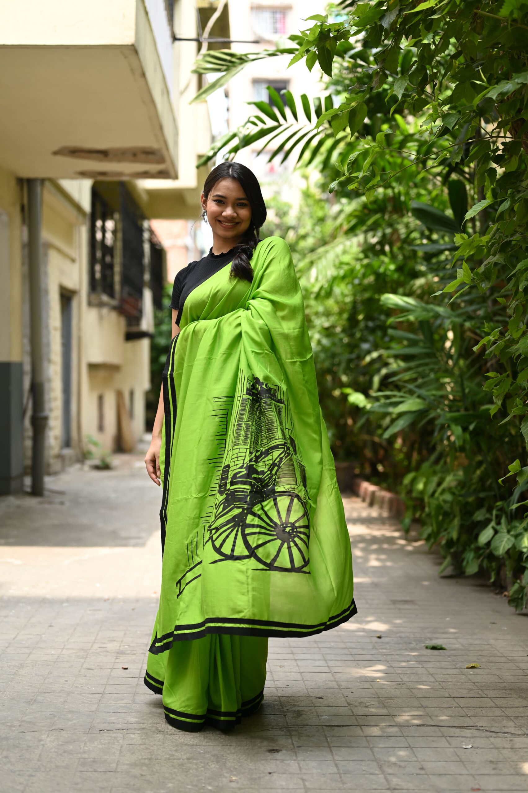 Neon Green Muslin Silk Saree (Hand-Painted Kolkata Art)