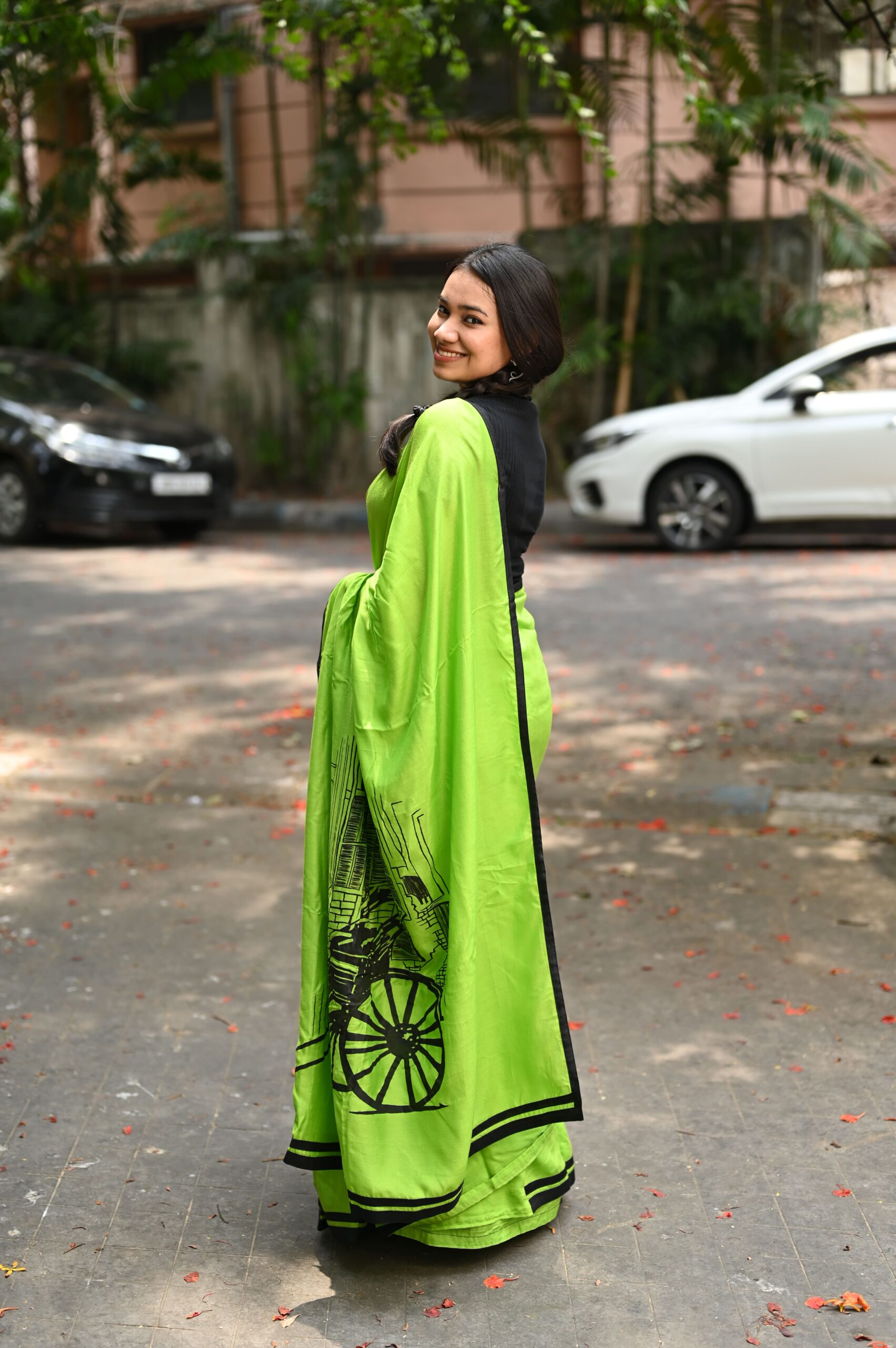 Neon Green Muslin Silk Saree (Hand-Painted Kolkata Art) thumbnail