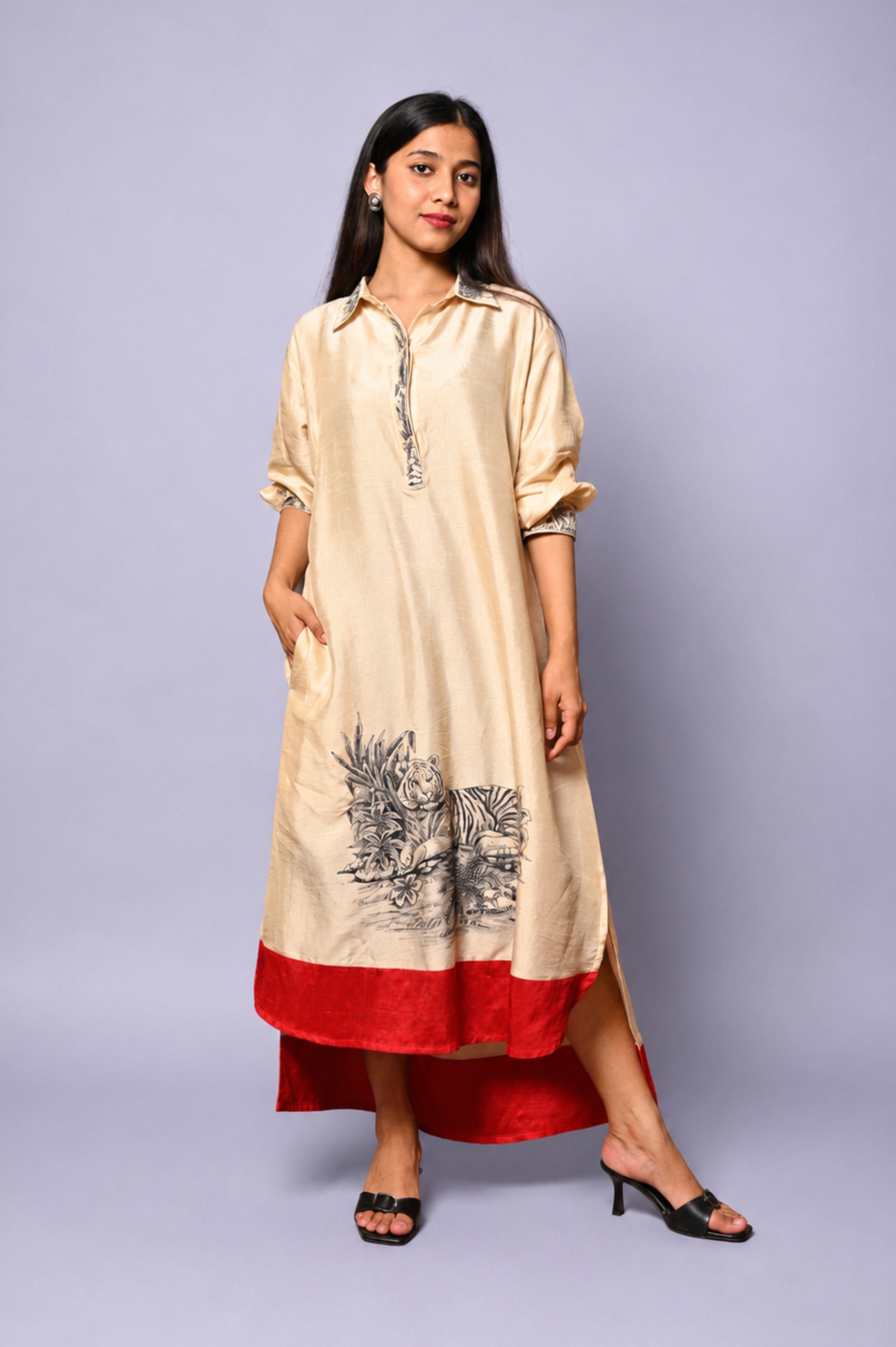 Beige Hand-Painted Dress with Embroidered Art Motif