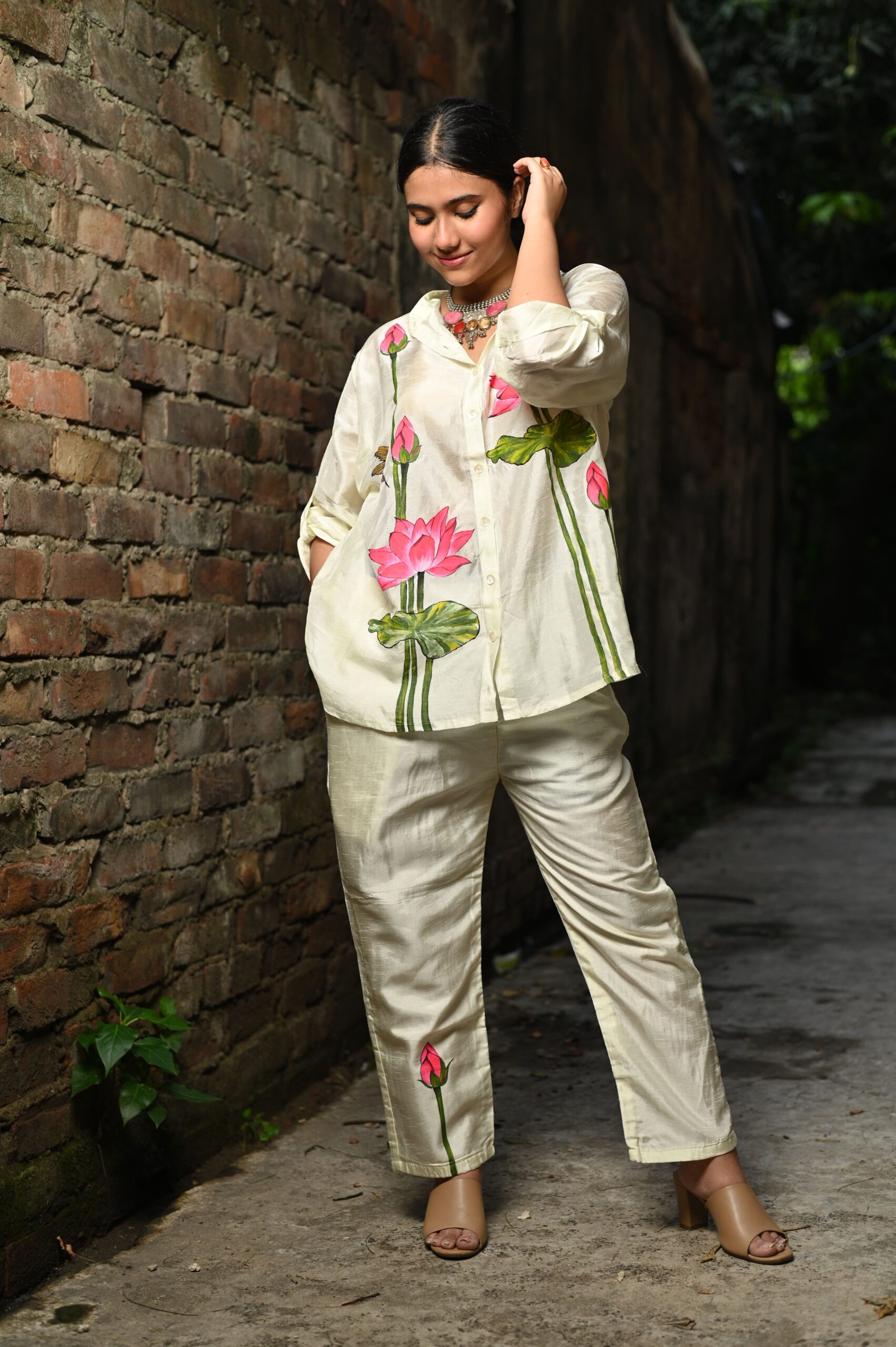 Off White Bemberg Silk Co-Ord Set (Hand-Painted Art) thumbnail