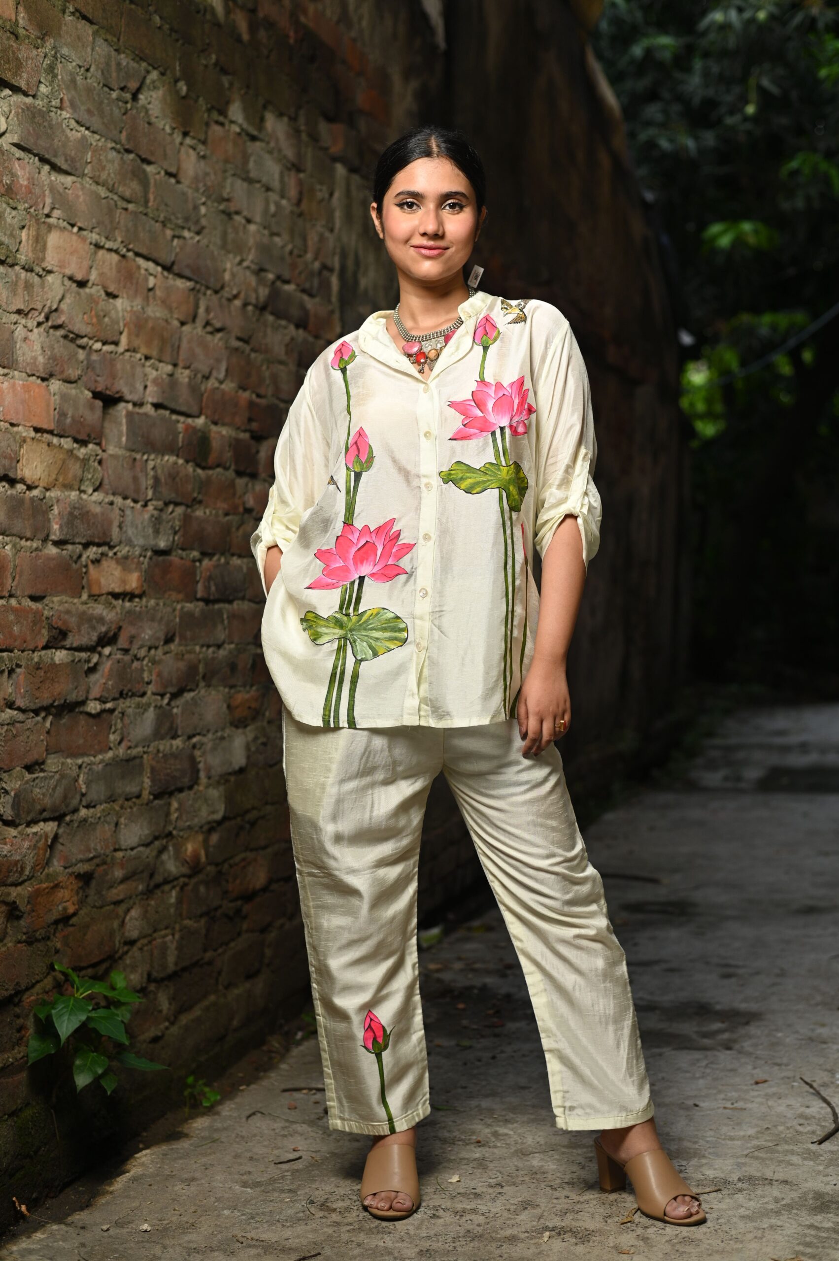 Off White Bemberg Silk Co-Ord Set (Hand-Painted Art) alternate view