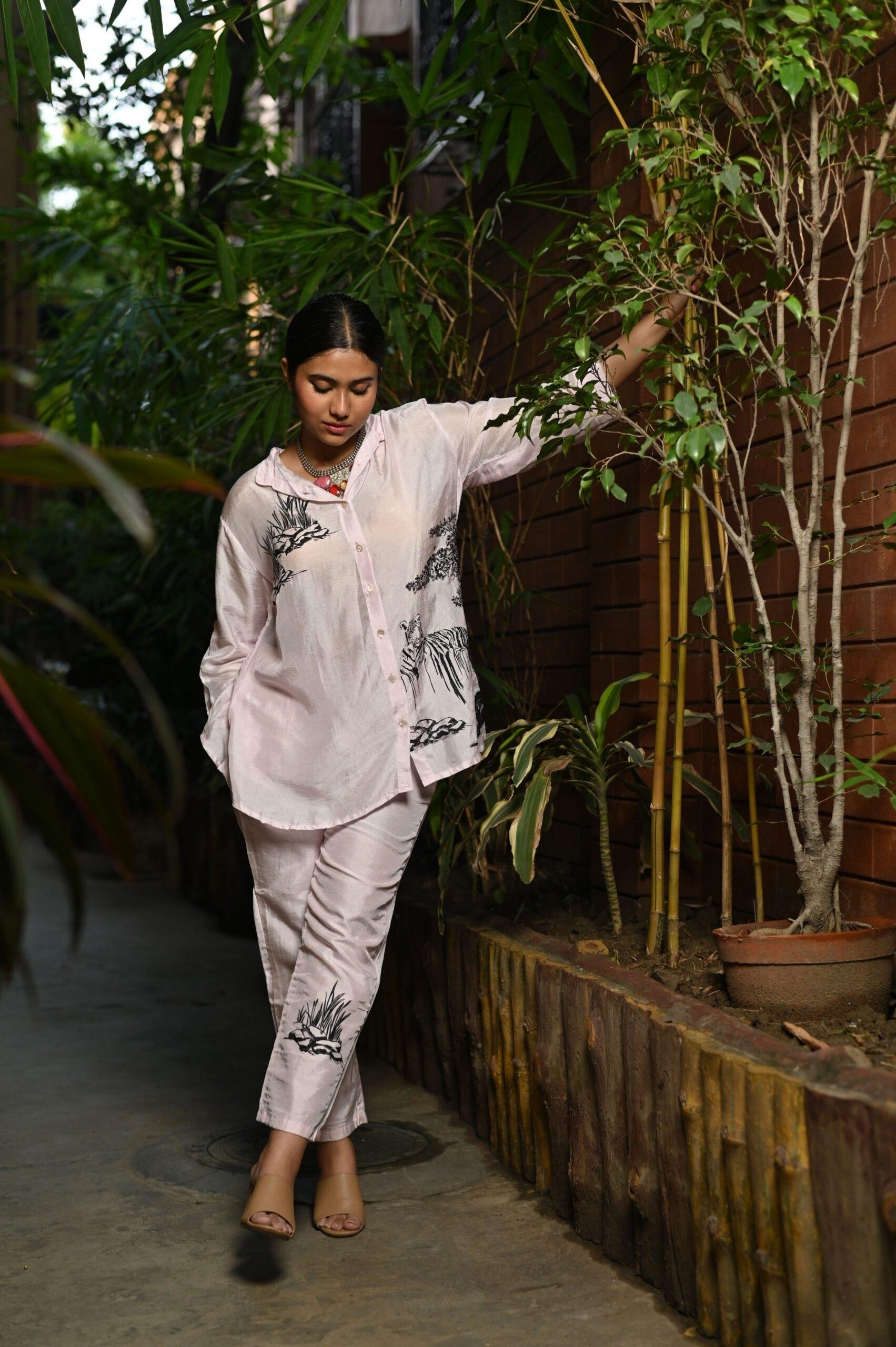 Baby Pink Bemberg Silk Co-Ord Set (Hand-Painted Art) thumbnail