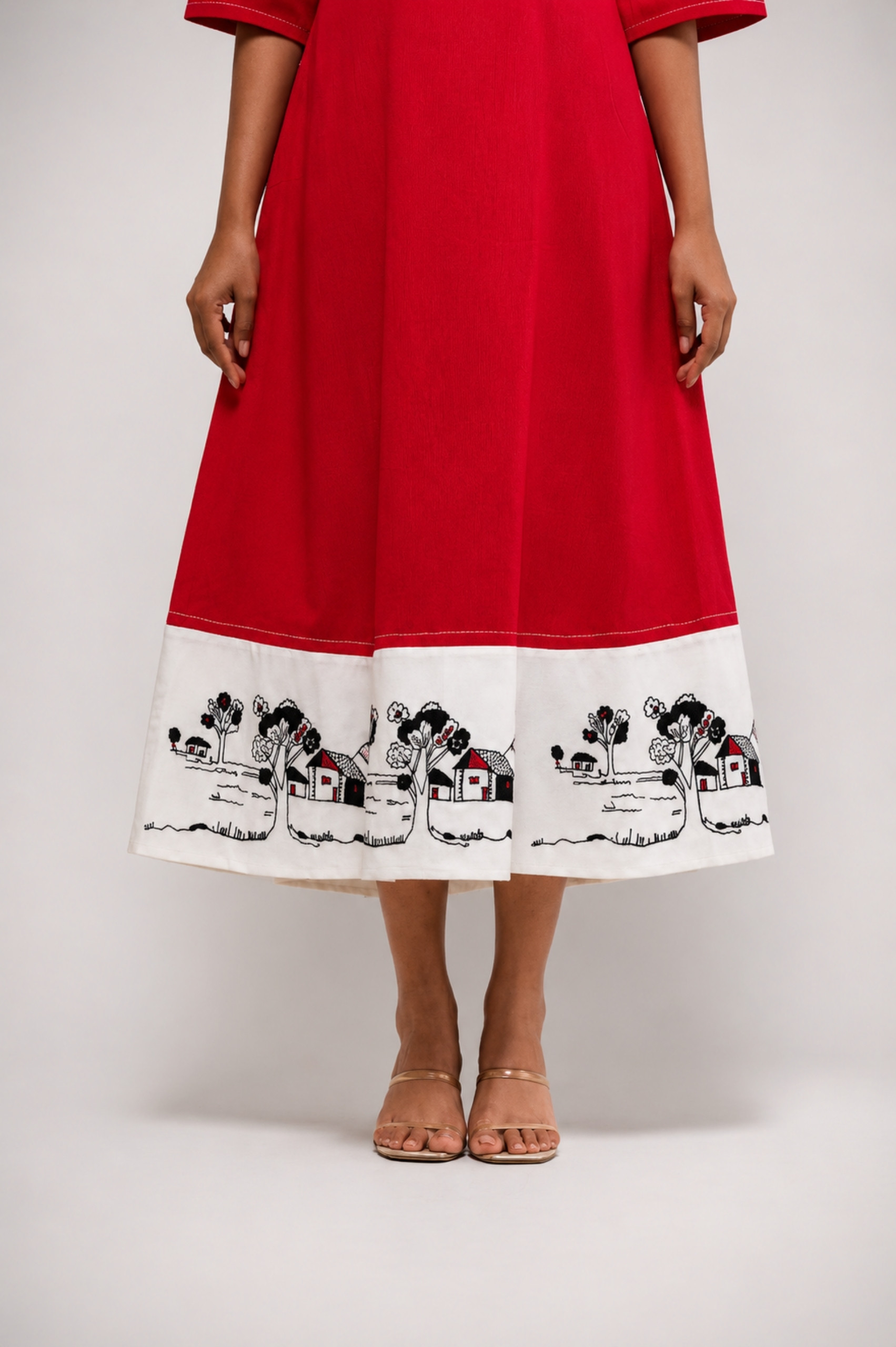 Red Dress with artistic handprinted hem thumbnail