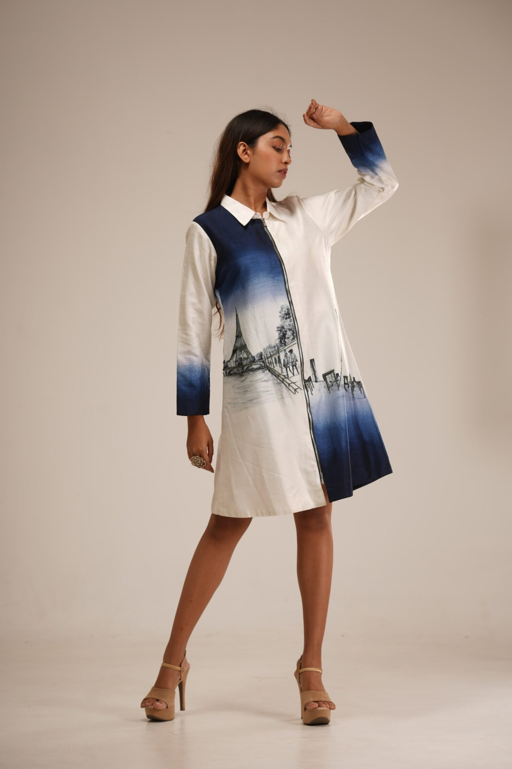 Ivory and Indigo Hand-Painted Shirt Dress thumbnail