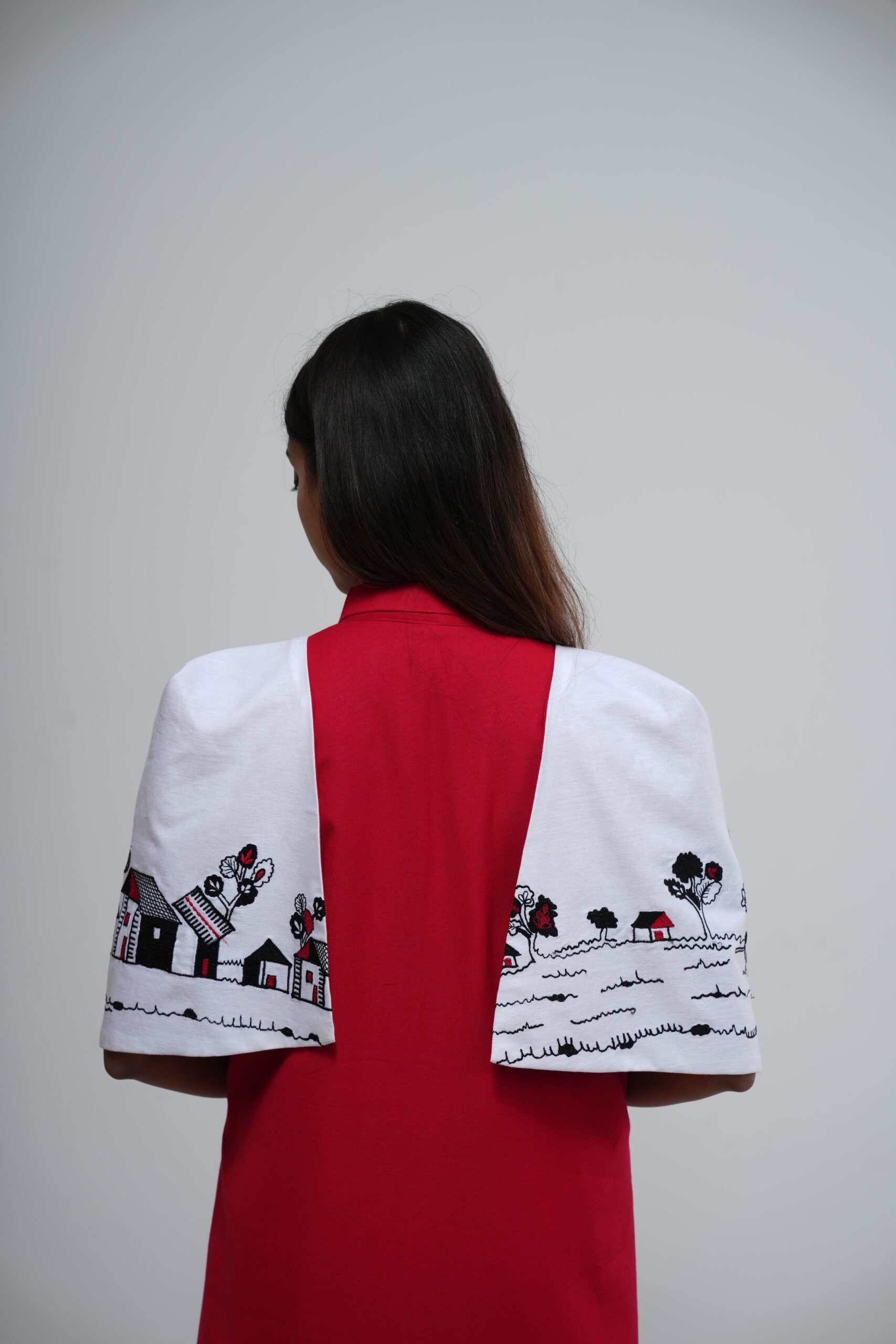 Scarlet Red Zipper Dress with Art Puffed Sleeves thumbnail
