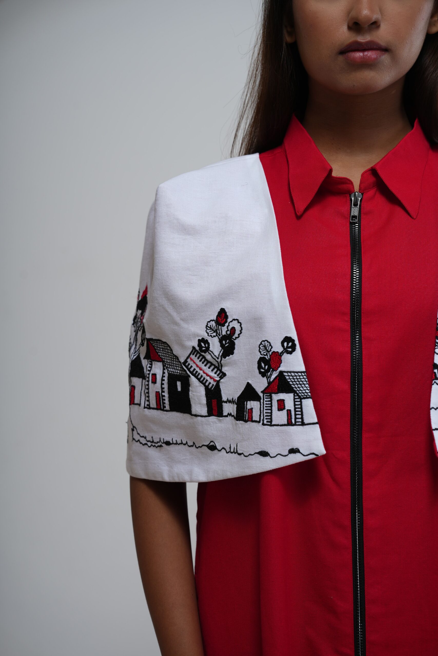 Scarlet Red Zipper Dress with Art Puffed Sleeves thumbnail