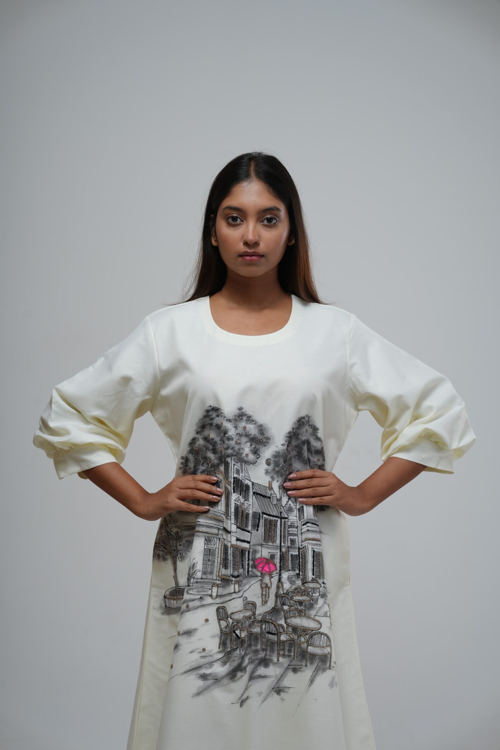 Ivory Hand-Painted Scenery Print Dress thumbnail