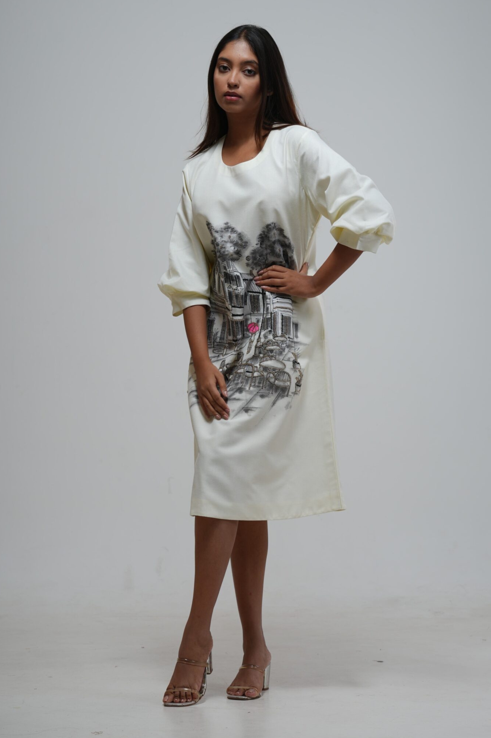 Ivory Hand-Painted Scenery Print Dress thumbnail