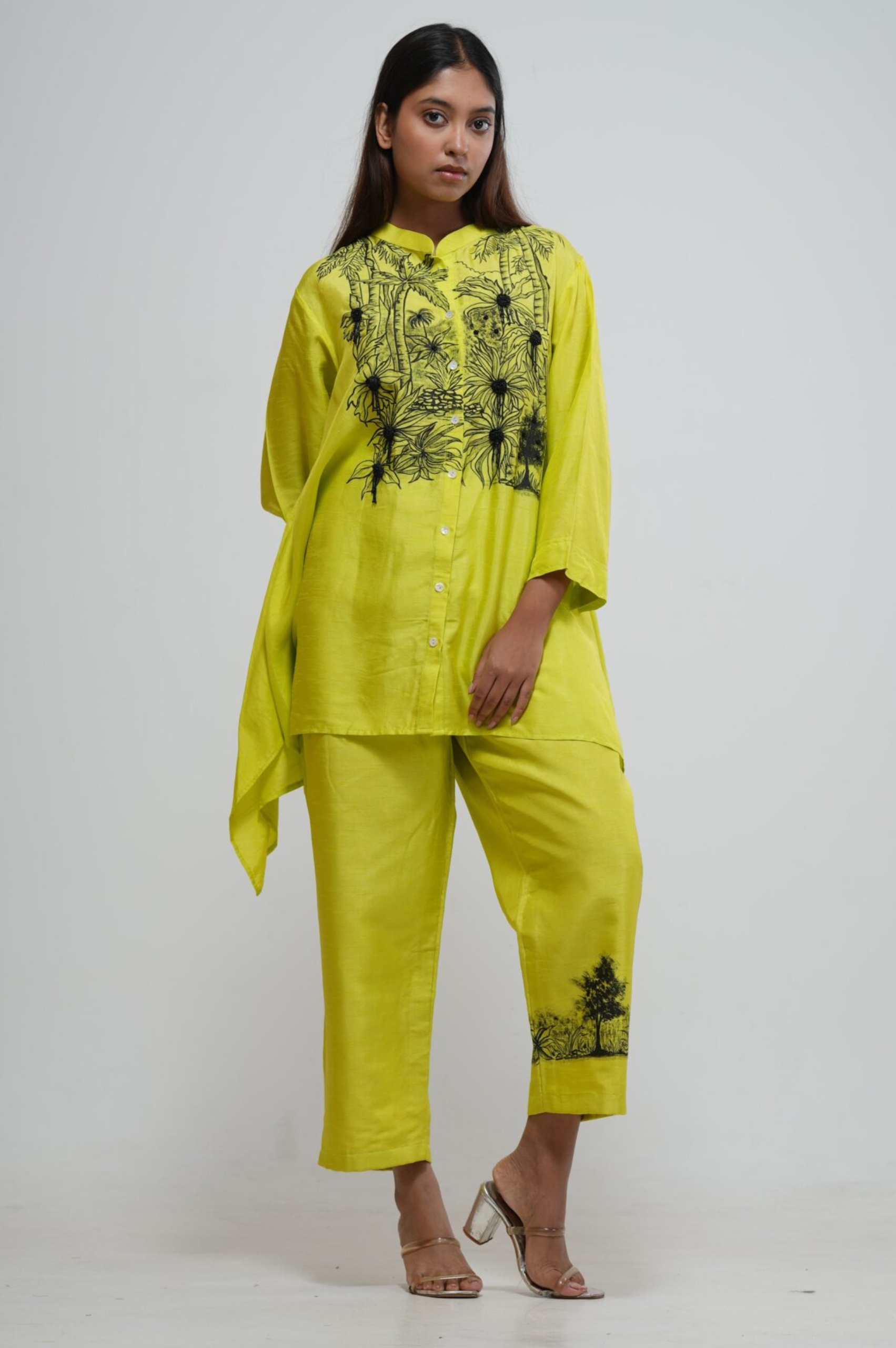 Slime Green Embroidered Asymmetric Kaftan