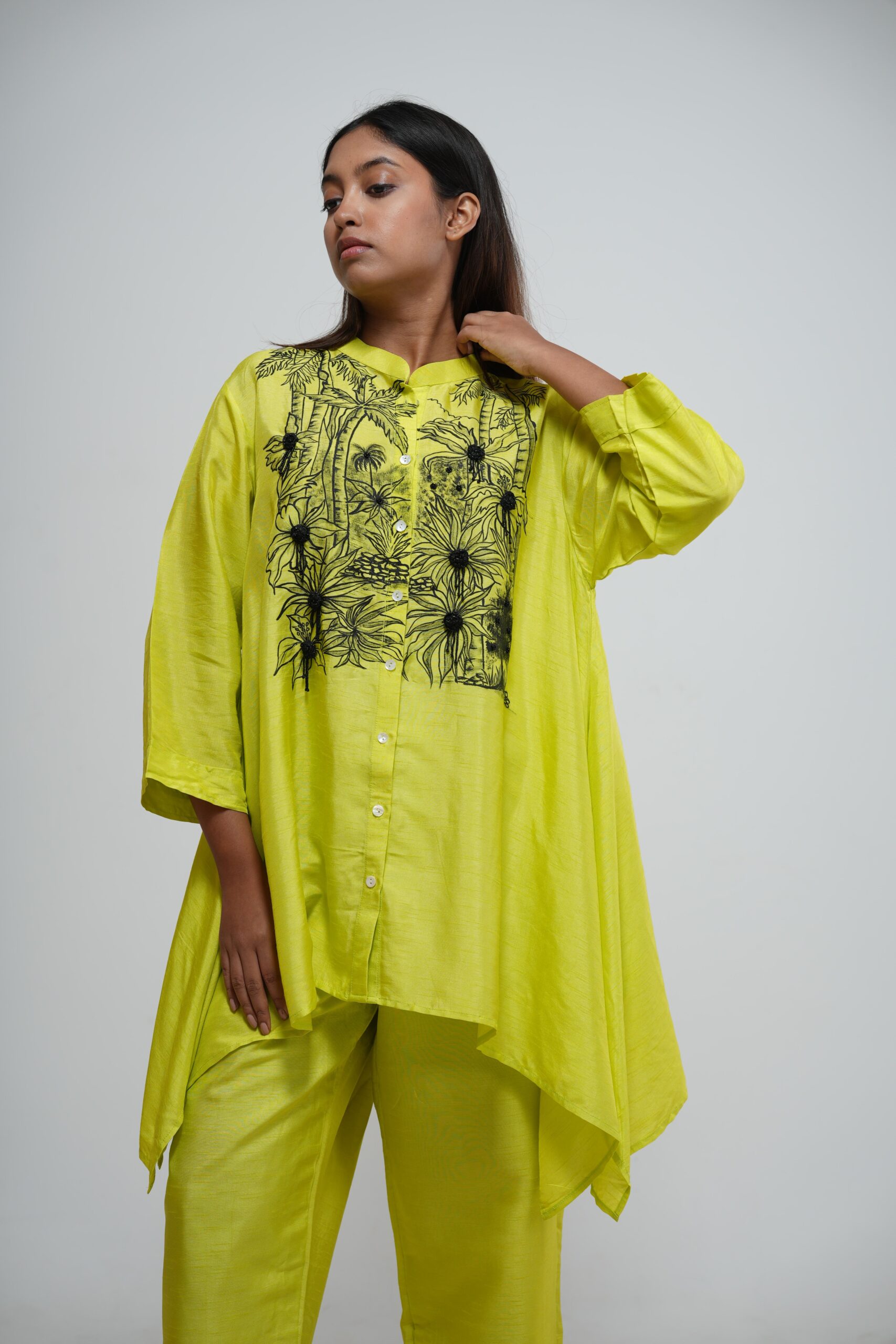 Slime Green Embroidered Asymmetric Kaftan thumbnail