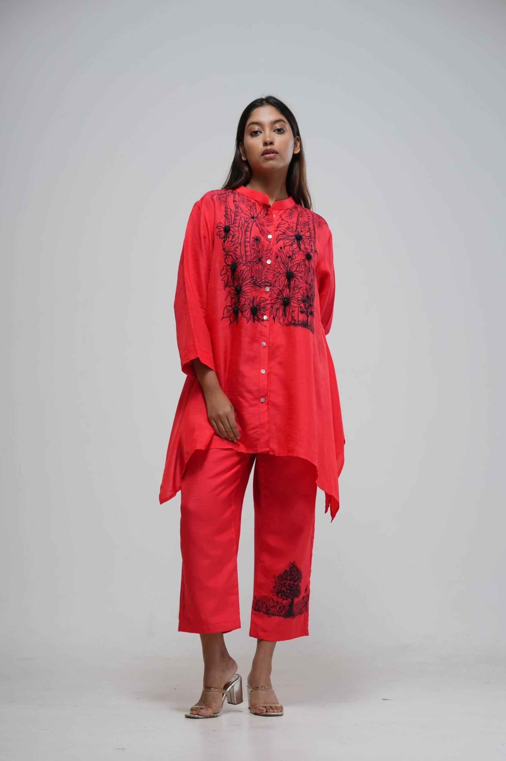 Neon Coral Embroidered Cropped Kaftan thumbnail