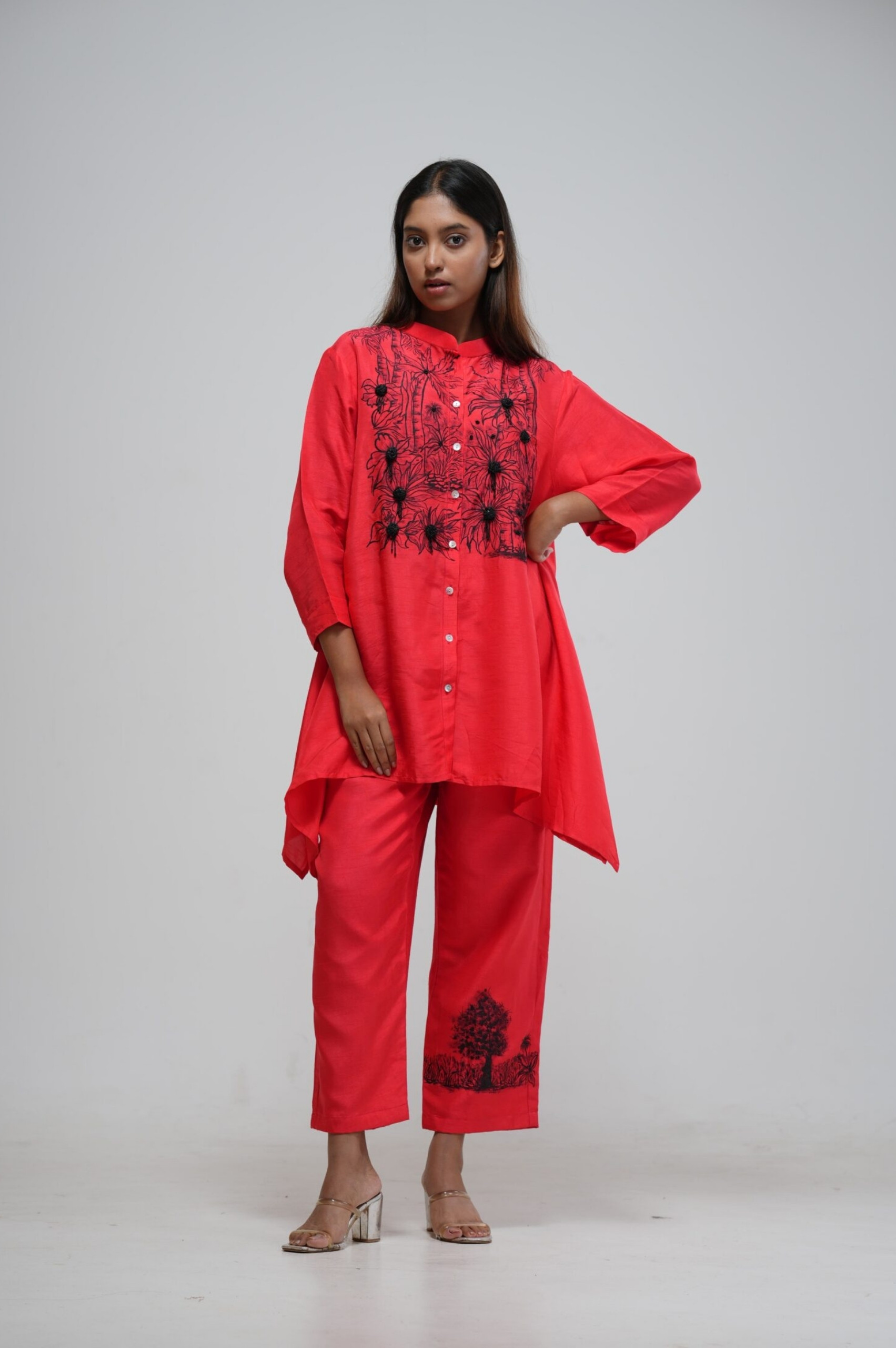 Neon Coral Embroidered Cropped Kaftan alternate view