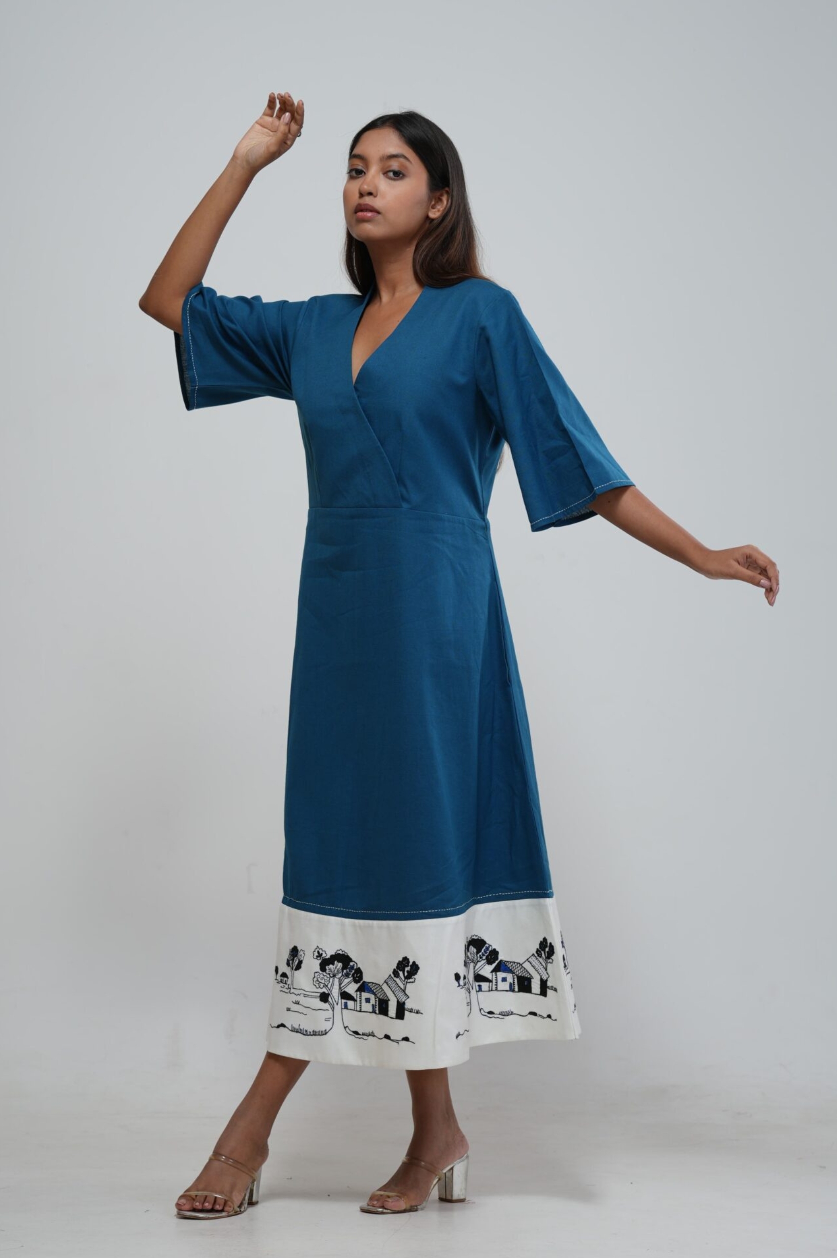 Teal Blue Warli Print Wrap Midi Dress thumbnail