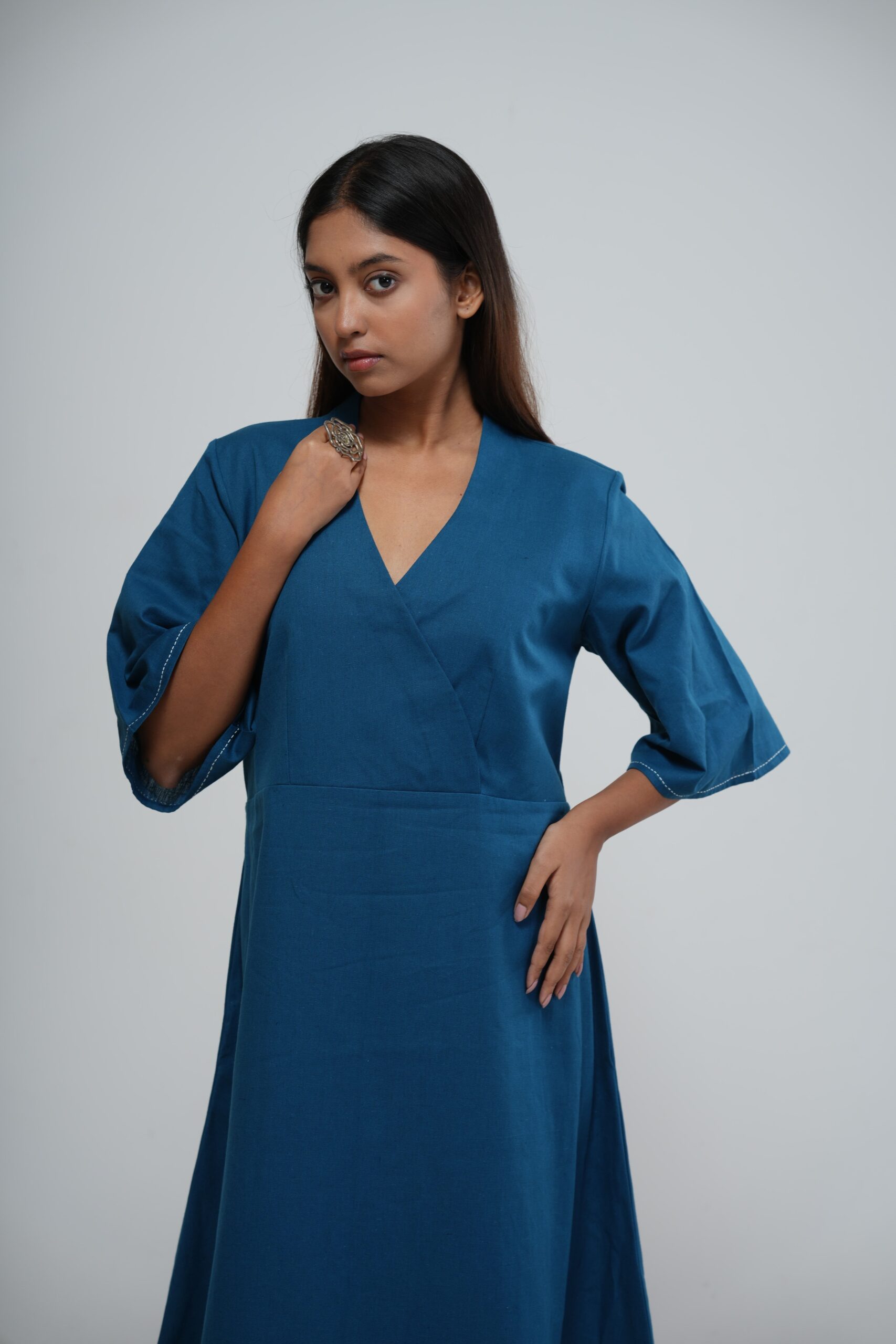 Teal Blue Warli Print Wrap Midi Dress