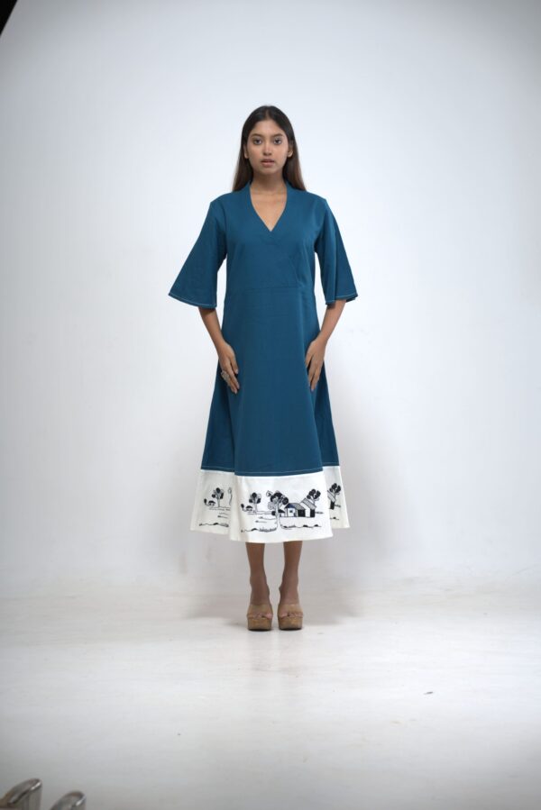 Teal Blue Warli Print Wrap Midi Dress