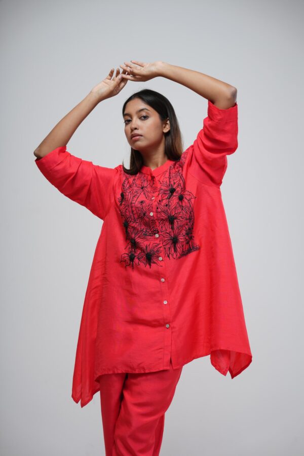 Neon Coral Embroidered Cropped Kaftan