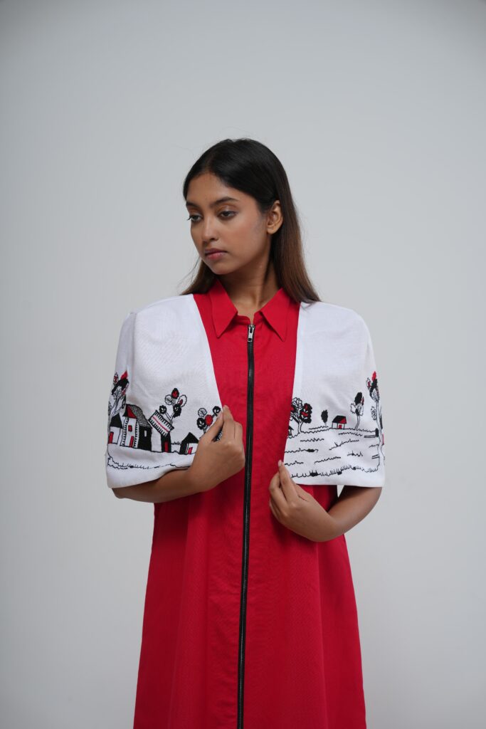 Scarlet Red Zipper Dress with Art Puffed Sleeves