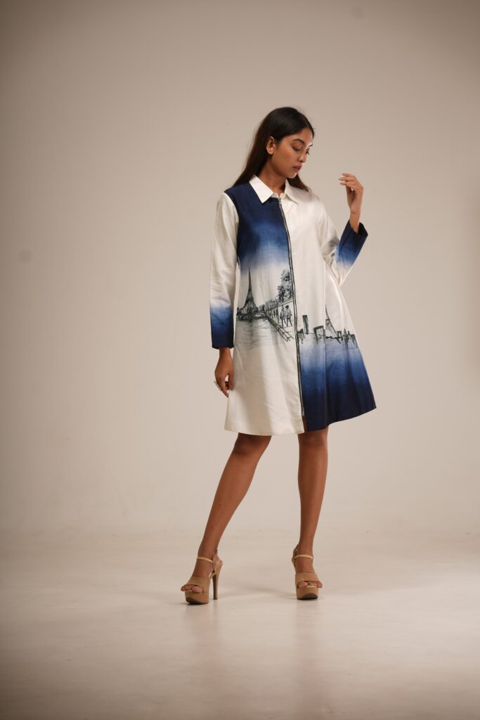 Ivory and Indigo Hand-Painted Shirt Dress