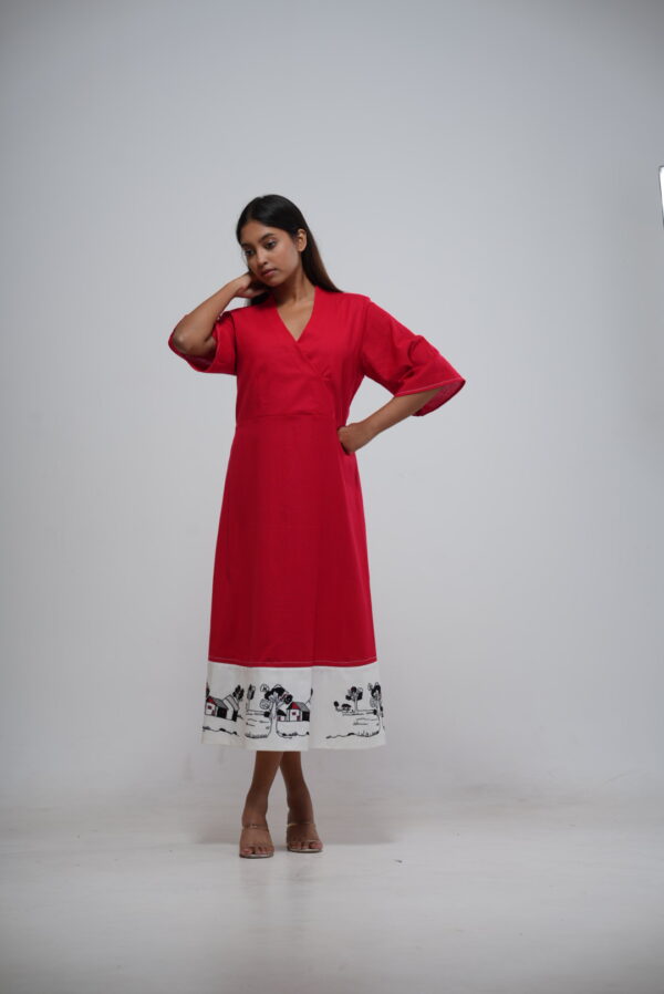 Red Dress with artistic handprinted hem