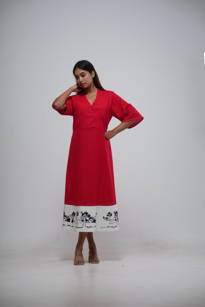 Red Dress with artistic handprinted hem