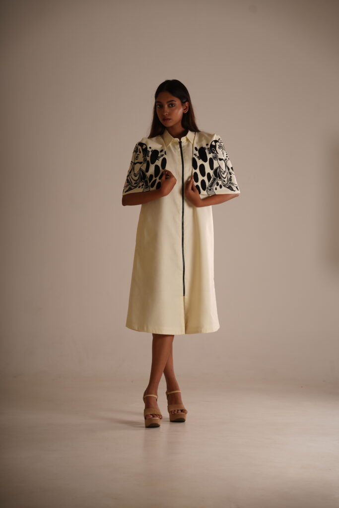 Off-White Cotton Cape Dress (Machine-Embroidered Sleeves)