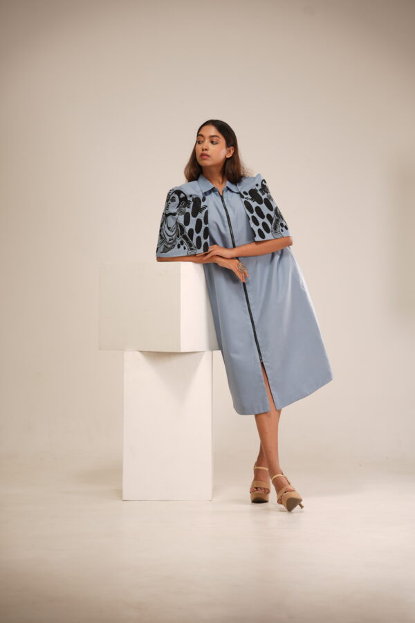 Grey Cotton Cape Dress (Machine Embroidered Sleeves)