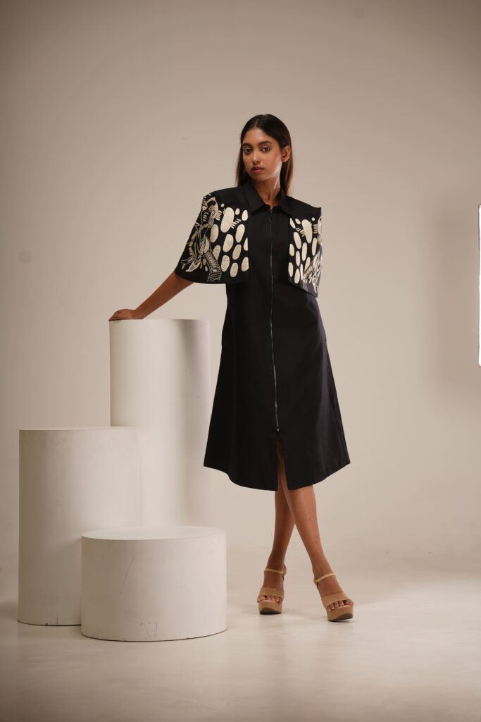 Black & Beige Cotton Cape Dress (Machine Embroidered Sleeves)