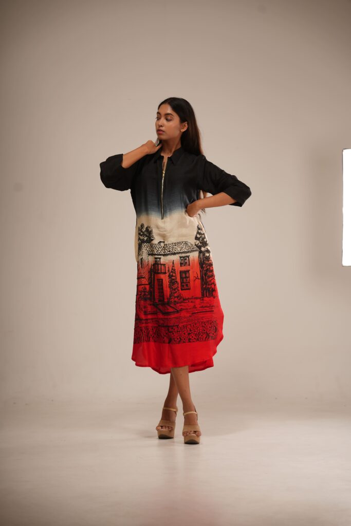Black & Brick Red Ombre Dress (Hand-Painted Art & Hand Embroidery)